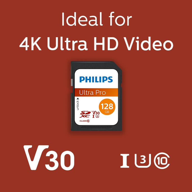 Philips Ultra Pro 128GB SD-Speicherkarte mit V30-Logo auf rotem Hintergrund mit Text für 4K-Videos.