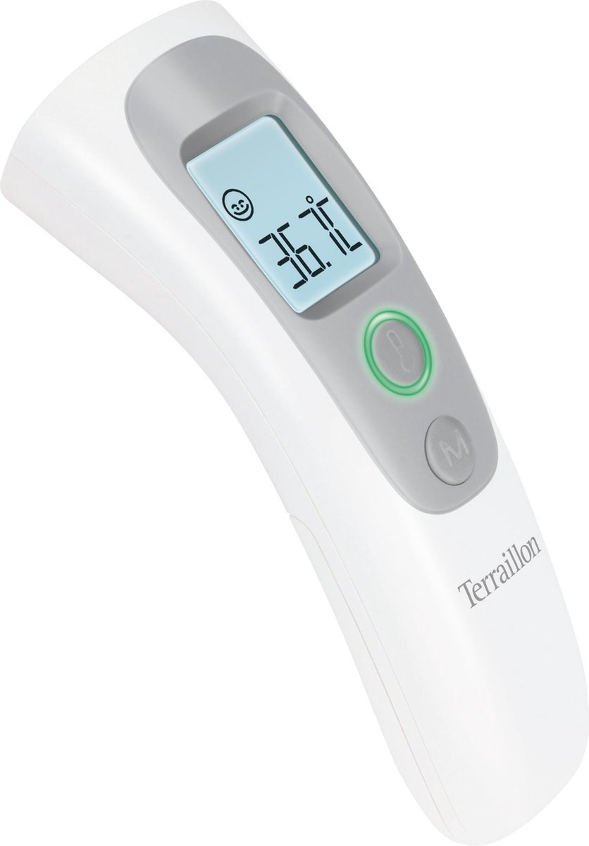 Ein weißes digitales Infrarot-Thermometer von Terraillon mit beleuchtetem Display.