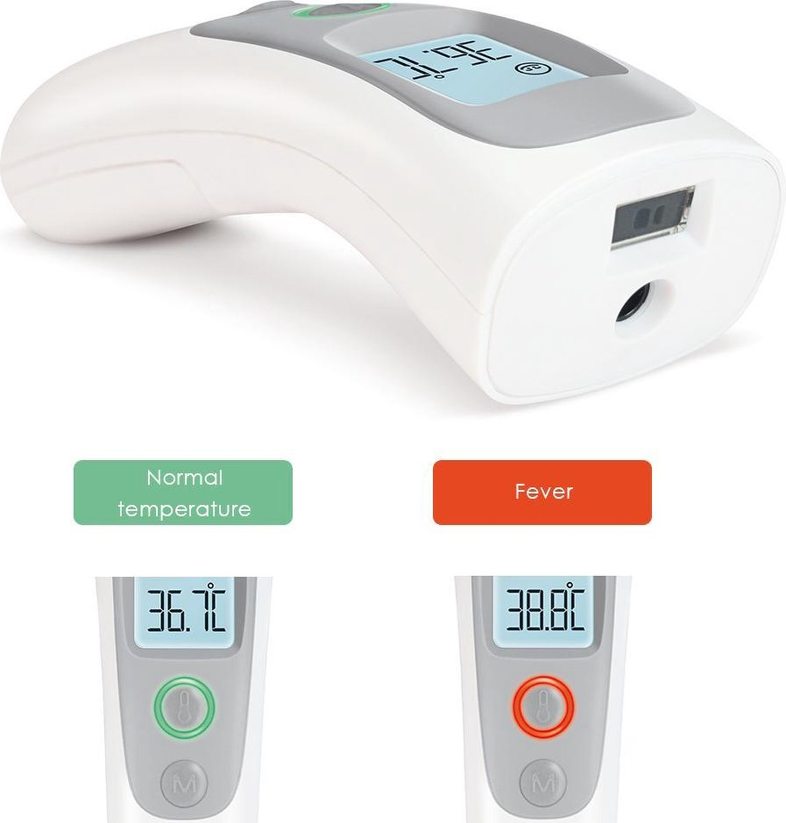 Ein weißes digitales Infrarot-Fieberthermometer mit LCD-Bildschirm, das normale Temperatur und Fieber anzeigt.
