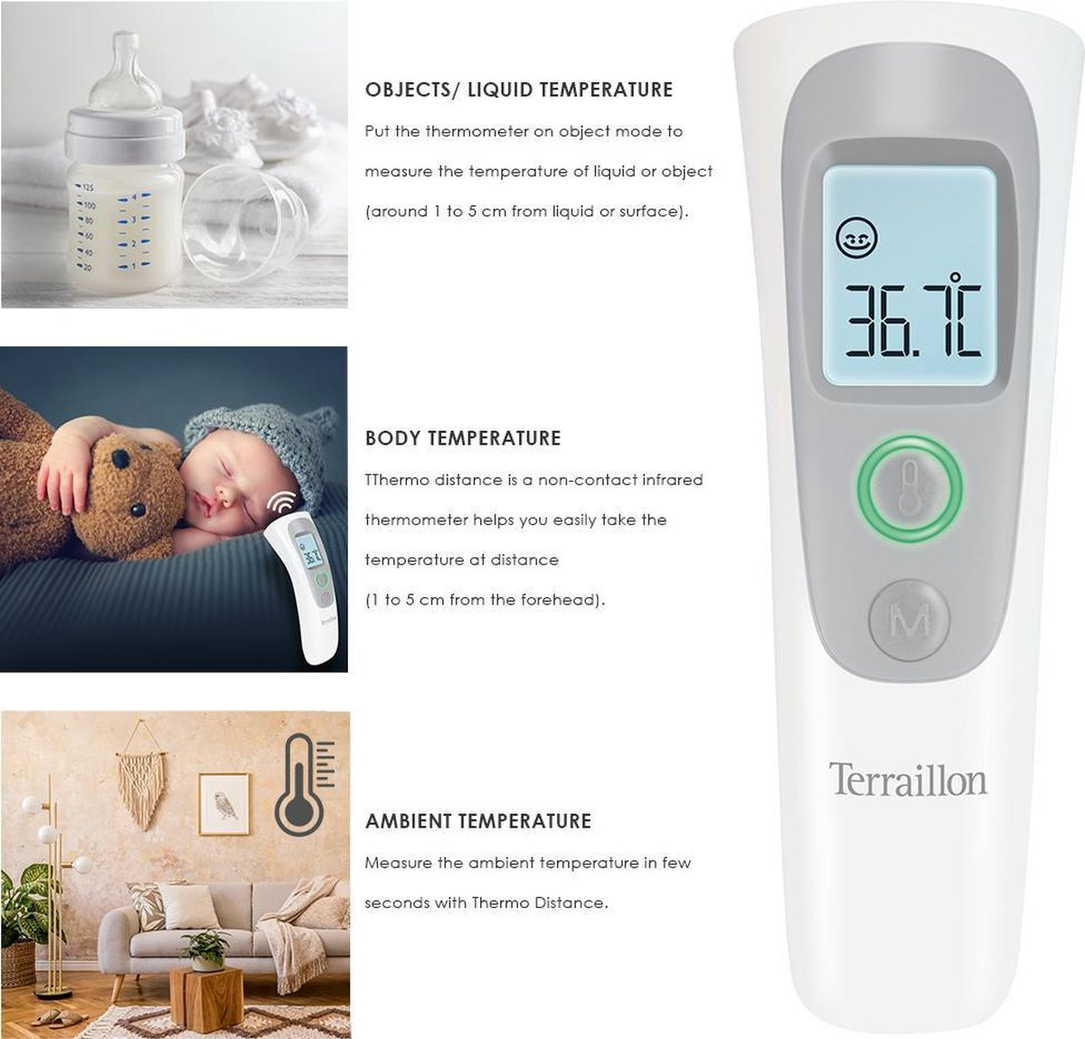 Das Bild zeigt einen digitalen Infrarot-Fiebermesser mit LCD-Display und Anwendungsbeispielen für Babys.
