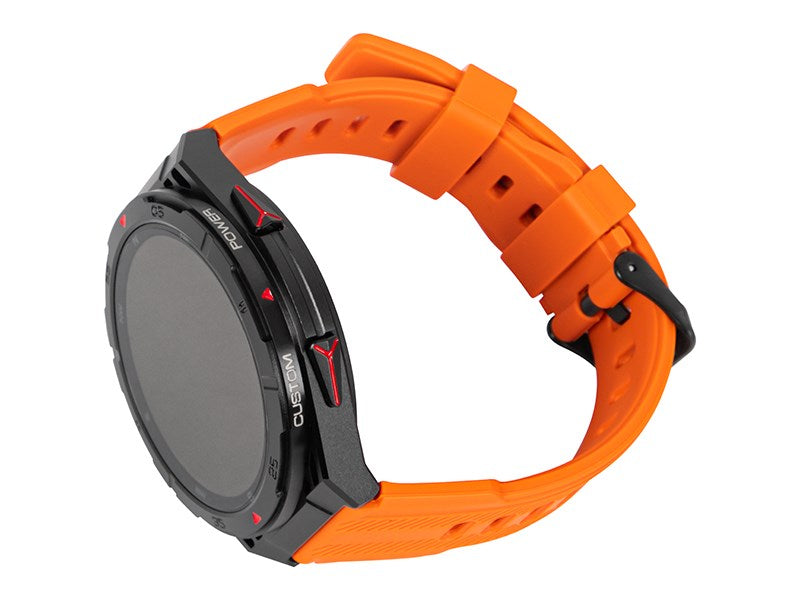 Czarny smartwatch z jaskrawo pomarańczowym paskiem silikonowym, widoczny z boku na białym tle.
