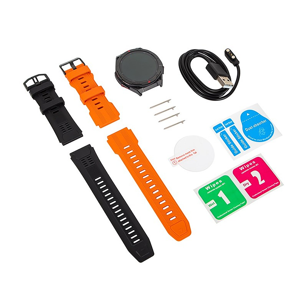 Smartwatch z czarnym i pomarańczowym paskiem, kablem ładującym, narzędziami i zestawem czyszczącym na białym tle.