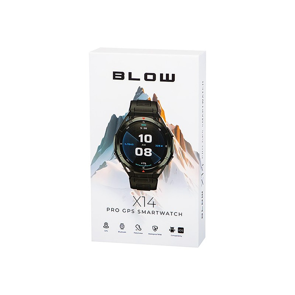 Białe opakowanie czarnego smartwatcha GPS Blow X14 Pro z grafiką gór i ikonami z przodu.