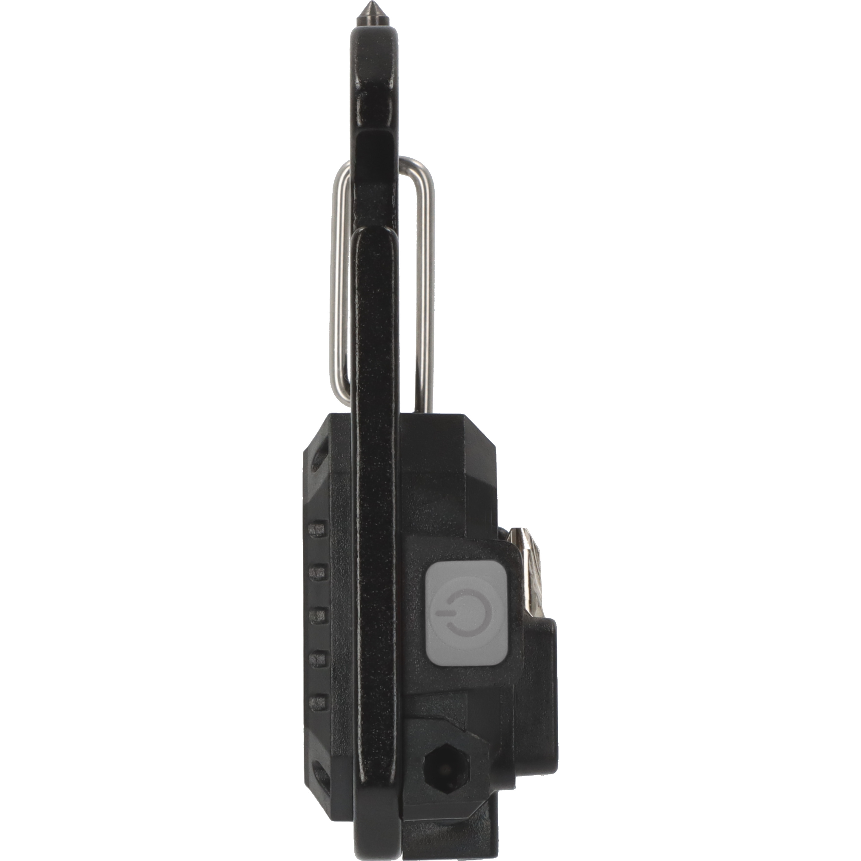 Schwarzes Gadget mit Karabiner, grauem Power-Knopf und Ladeanschluss auf weißem Hintergrund.