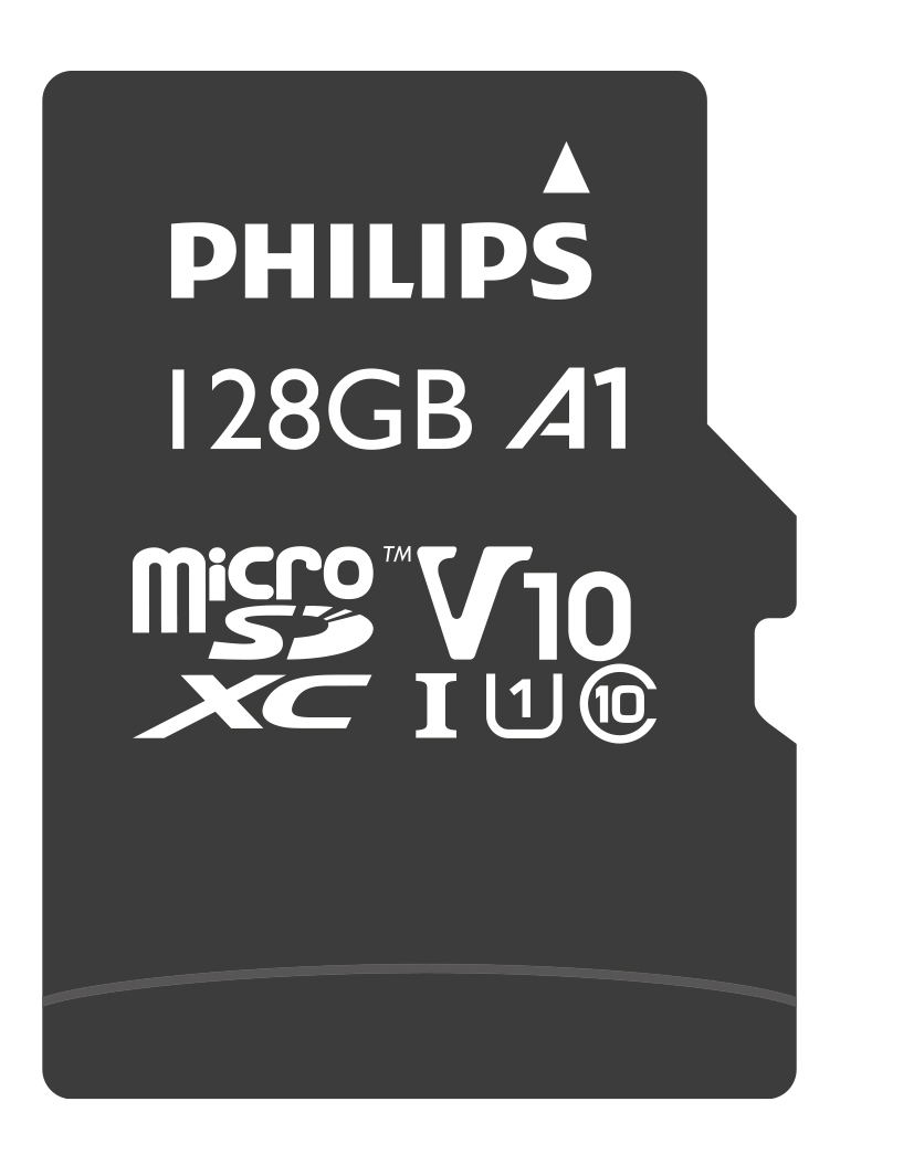 Black Philips 128GB MicroSDXC memory card with white text.