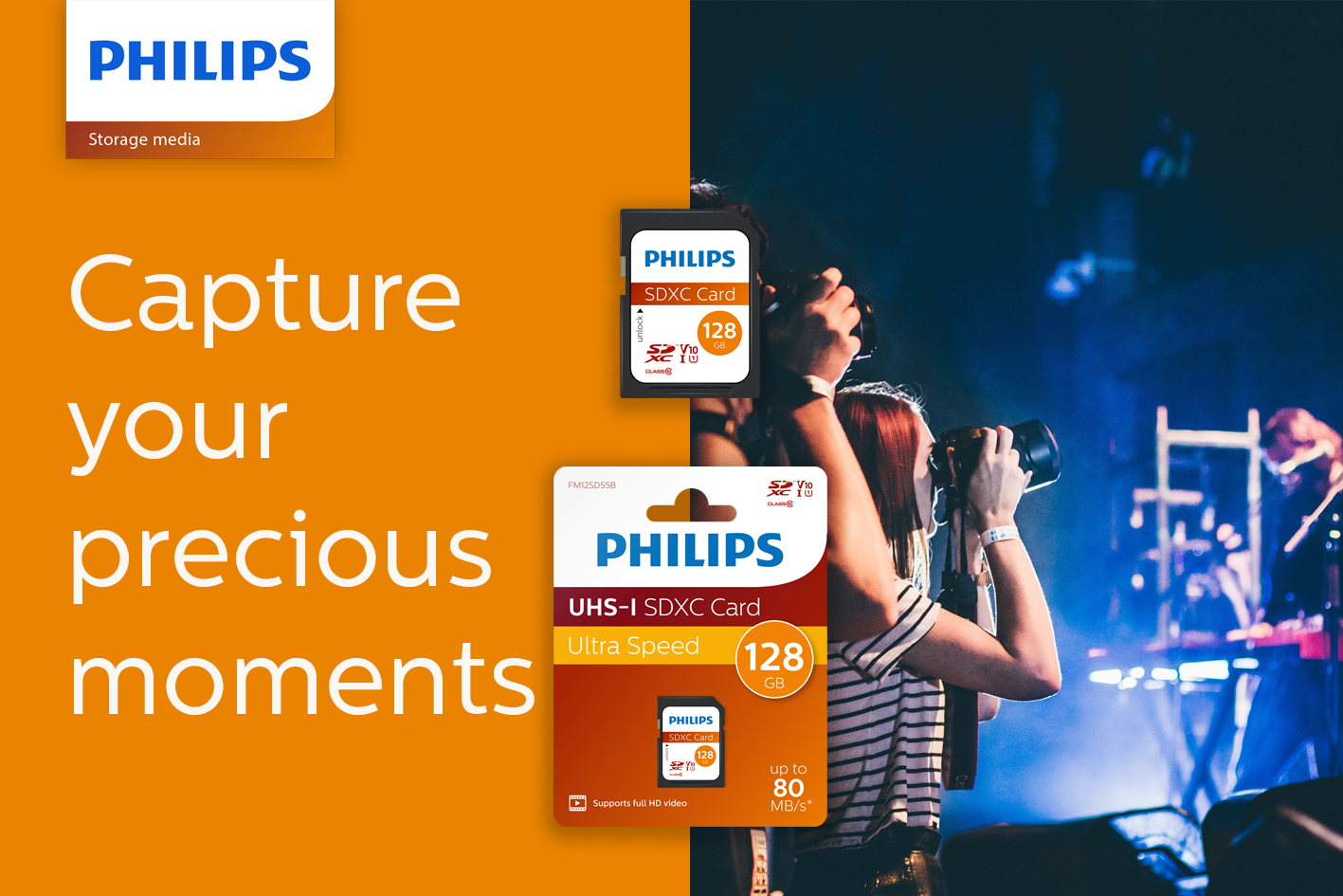 Philips storage card against an orange and concert background with text.