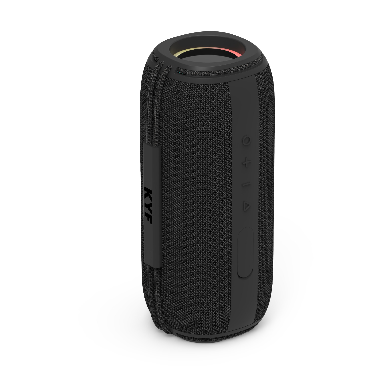 Un altavoz inalambrico cilindrico negro con tela de malla, botones de control en el frente y una correa con la etiqueta KYF.