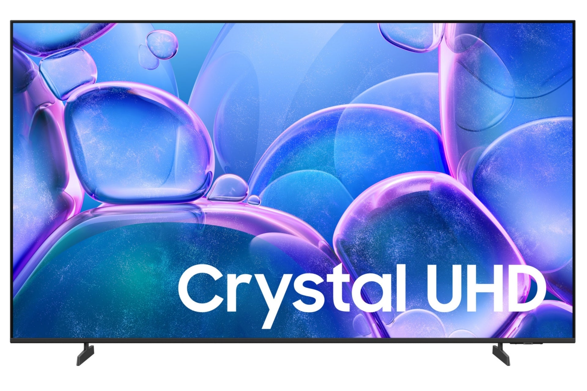 Un televisor que muestra burbujas azules y moradas con el texto Crystal UHD en la pantalla.