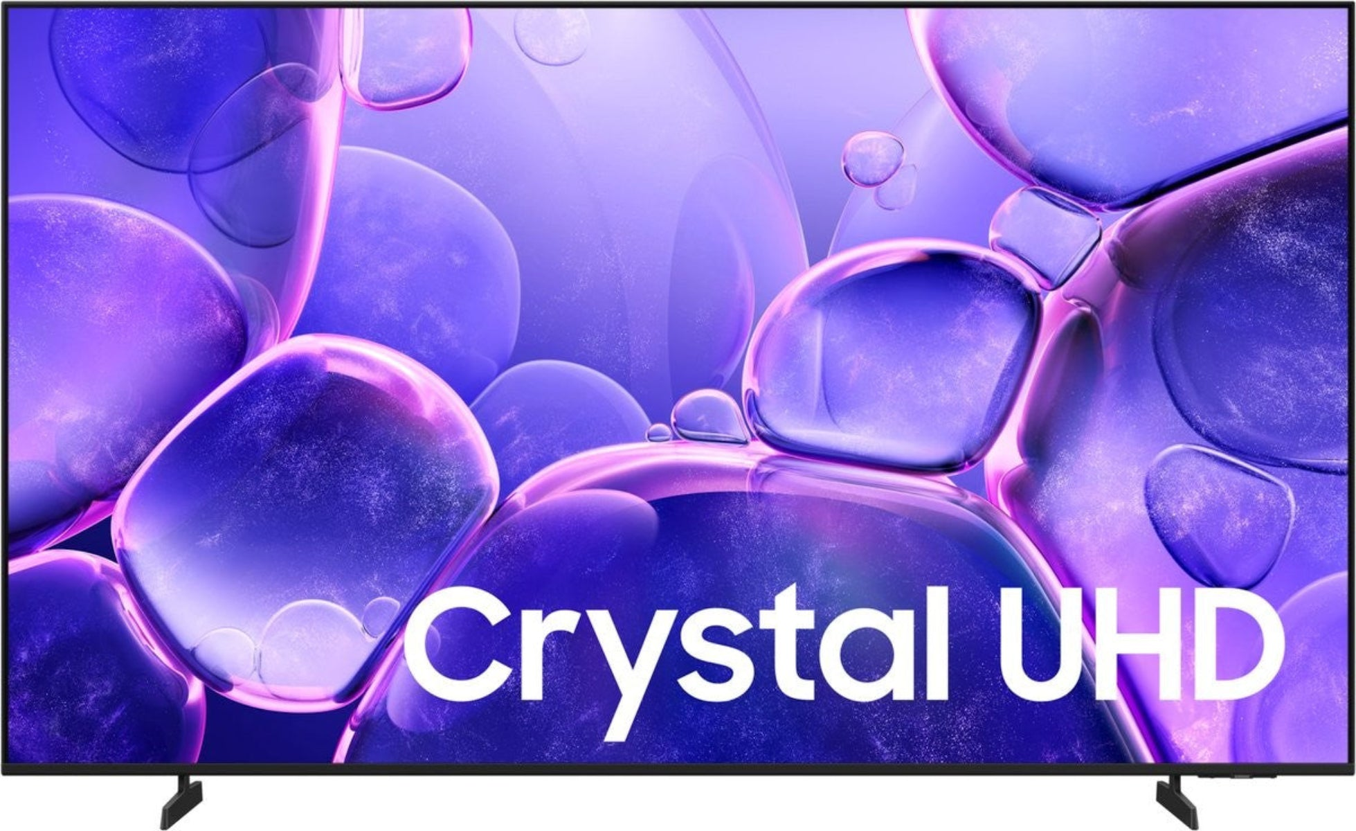 Een televisie met paarse bubbels op de achtergrond en de witte tekst Crystal UHD.