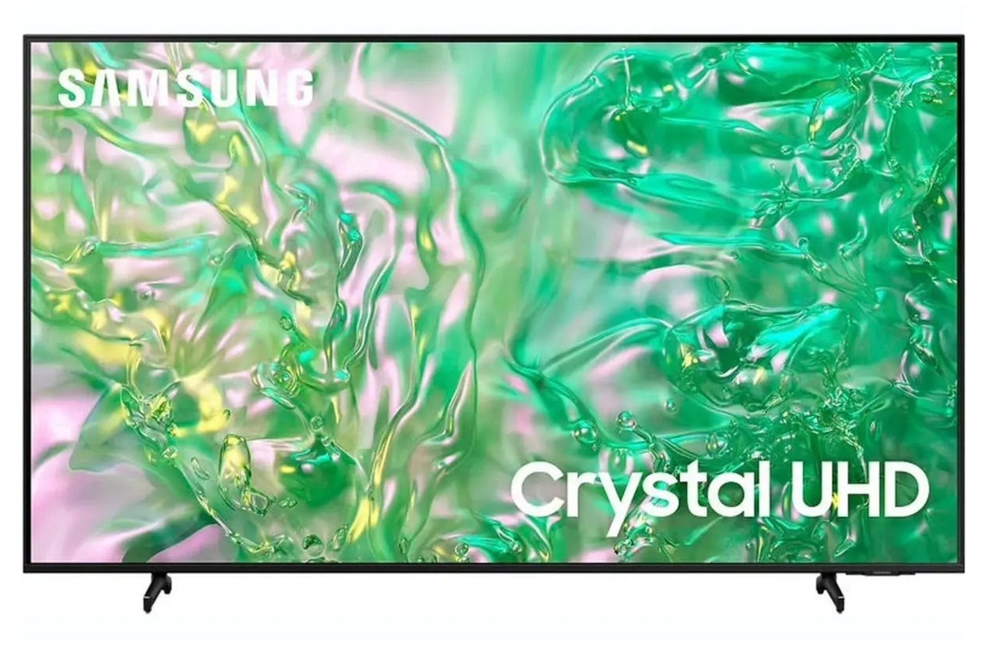 Un téléviseur Samsung Crystal UHD affiche un motif liquide abstrait vert et rose sur l'écran.