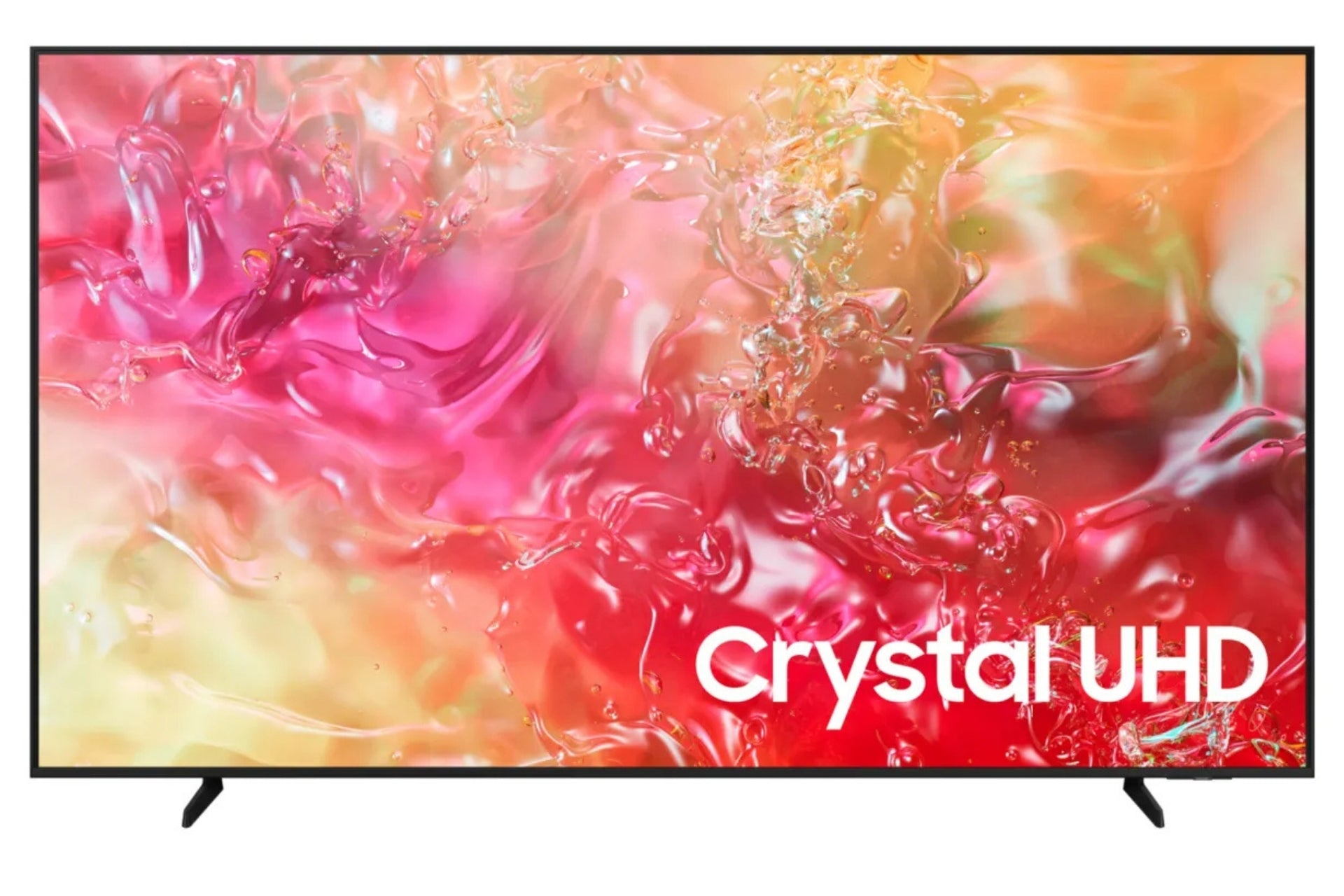 Een tv met zwarte rand toont een abstract rood-oranje vloeistofbeeld en de tekst Crystal UHD.