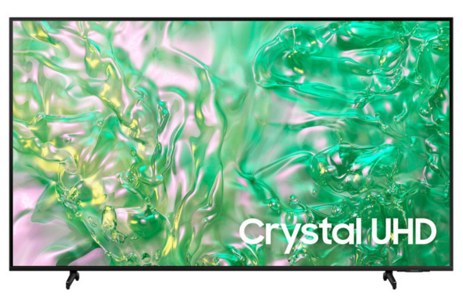 Een tv met groen en roze abstract vloeibaar kunstwerk en de tekst Crystal UHD.