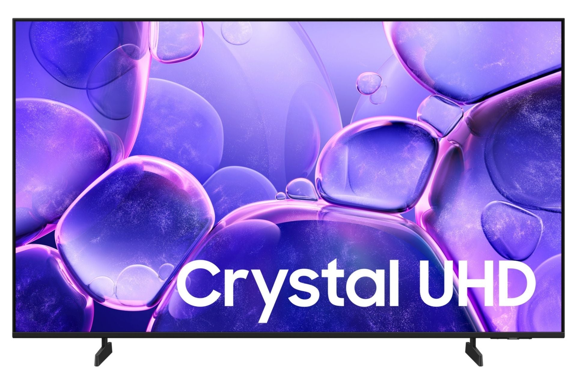 Un televisore con cornice nera mostra un'immagine di sfondo viola vibrante con il testo Crystal UHD.