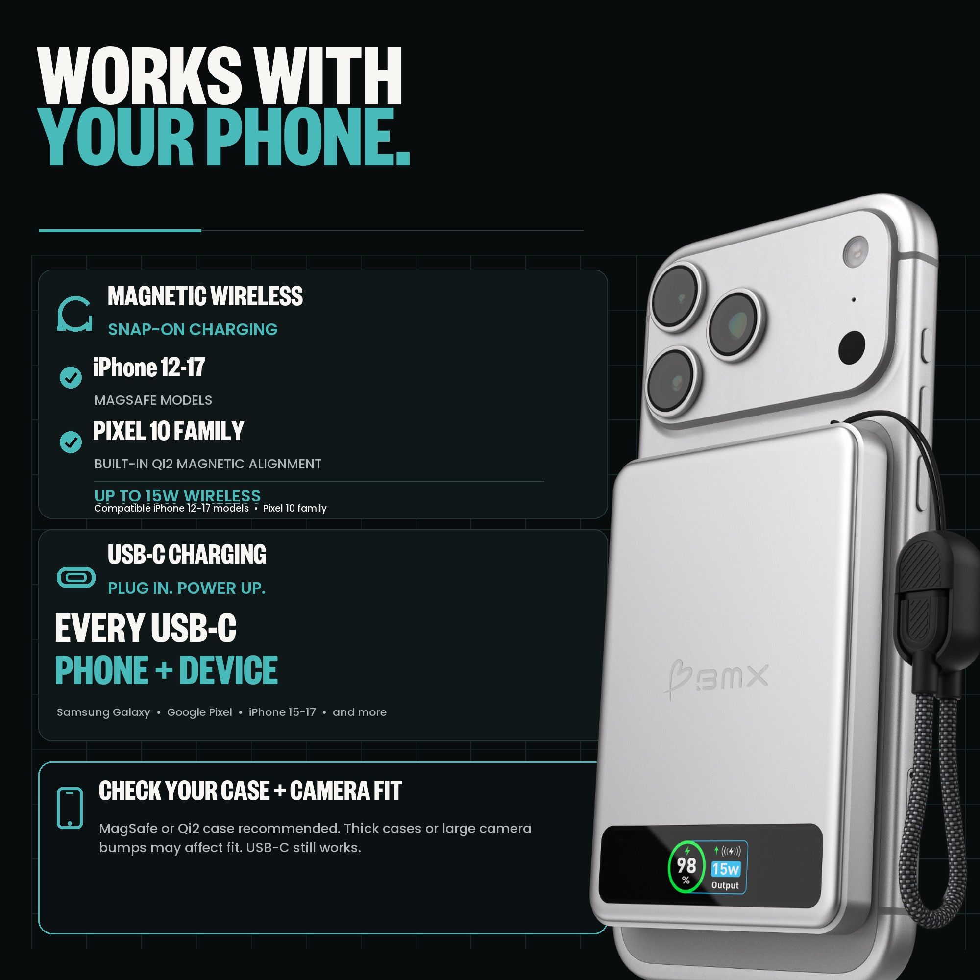 Ein silbernes Smartphone mit magnetischem Ladegerät und Text zur Telefonkompatibilität.