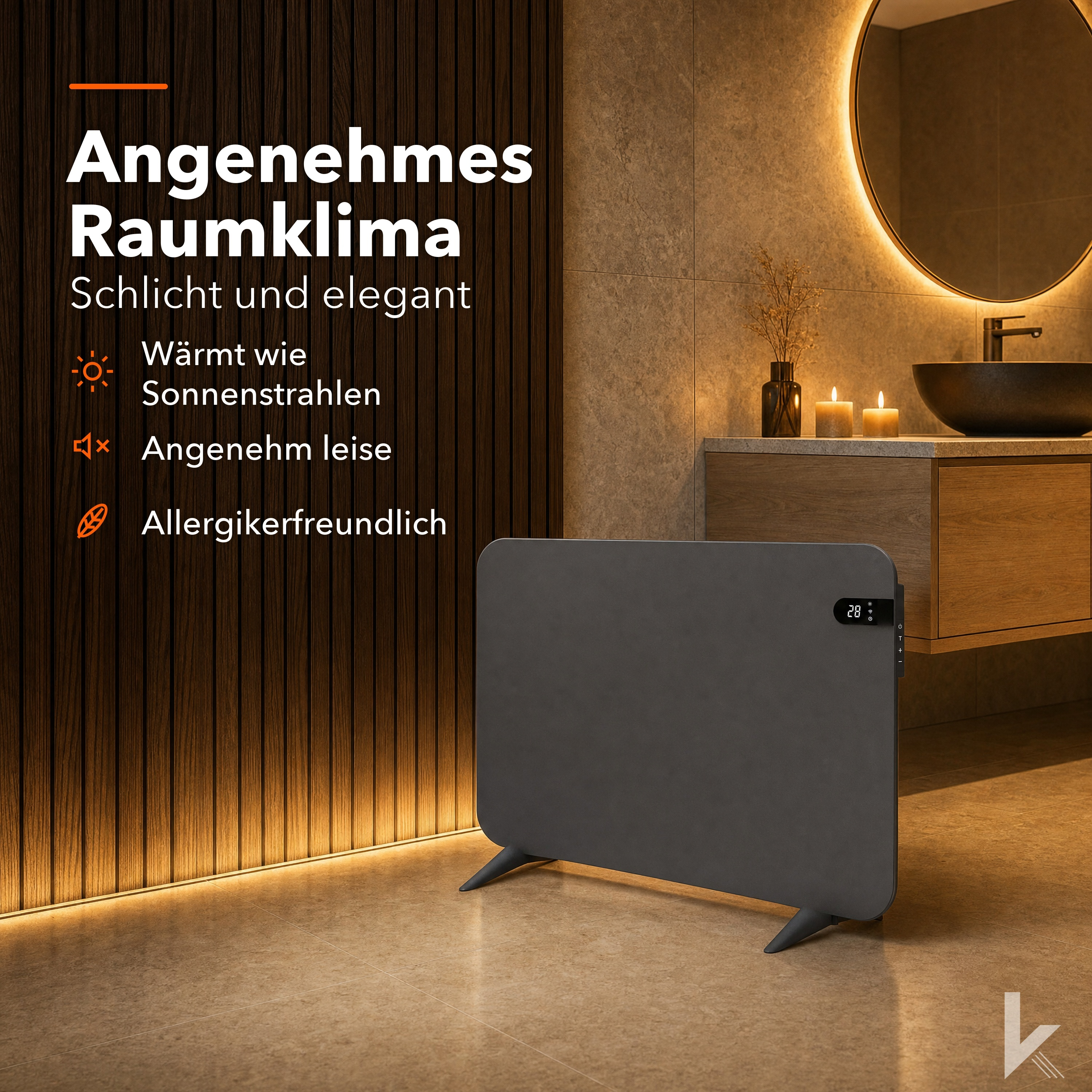 Ein grauer Standheizkörper steht in einem modernen Badezimmer vor einer Holz- und Fliesenwand.