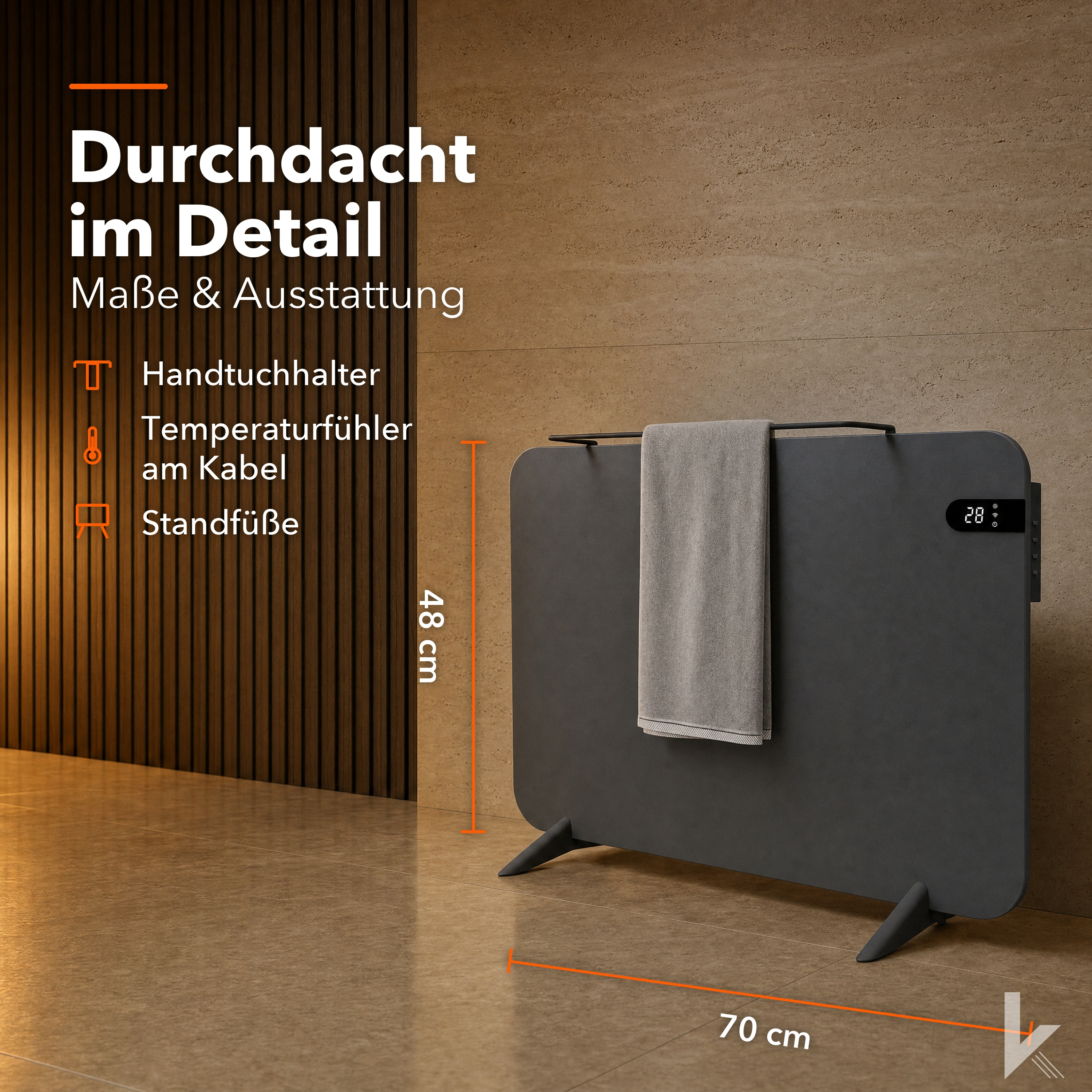 Grauer Infrarotheizkörper mit Handtuchhalter und Maßen von 70x48 cm.