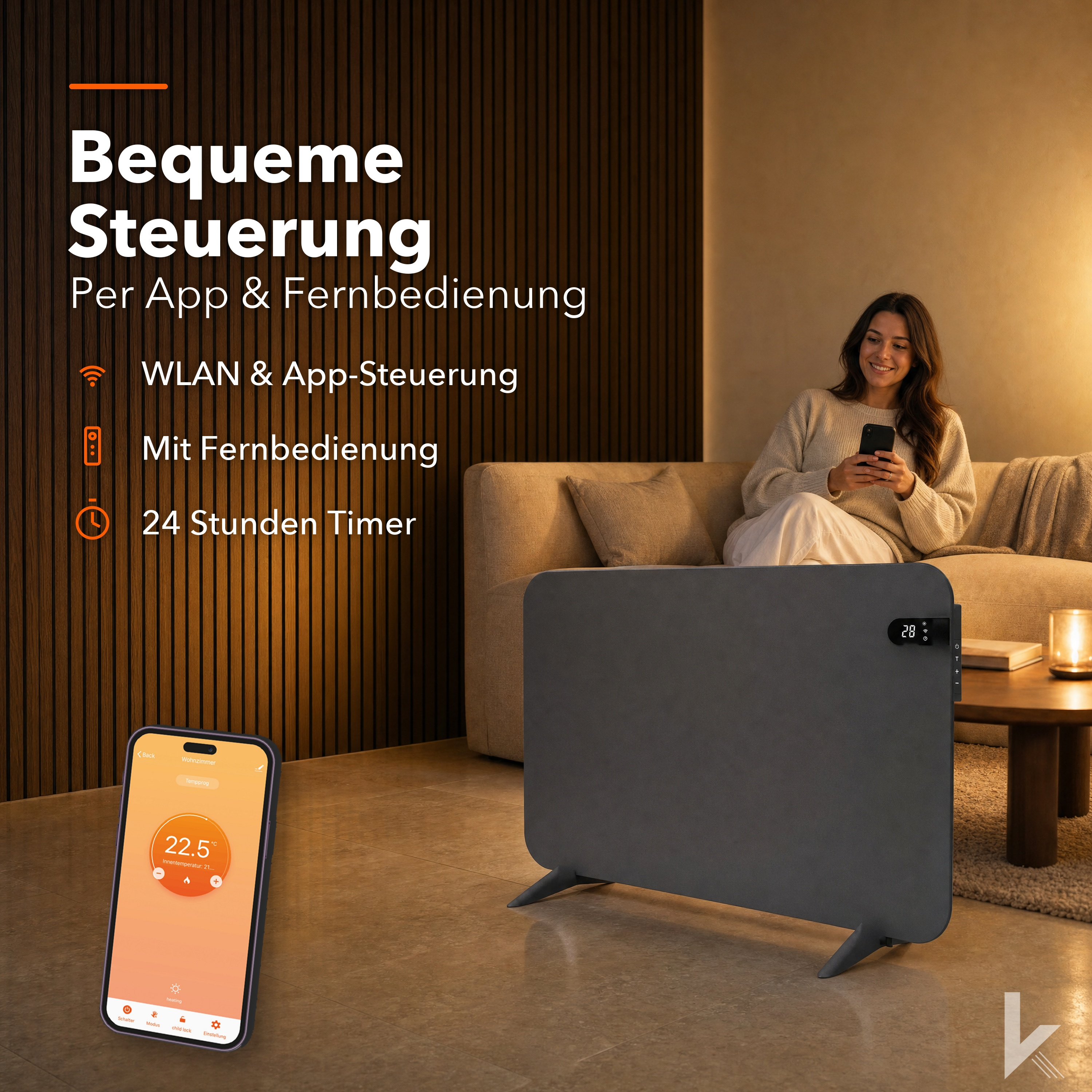 Eine Frau sitzt auf dem Sofa, während im Vordergrund ein Heizgerät und ein Smartphone mit App-Steuerung stehen.