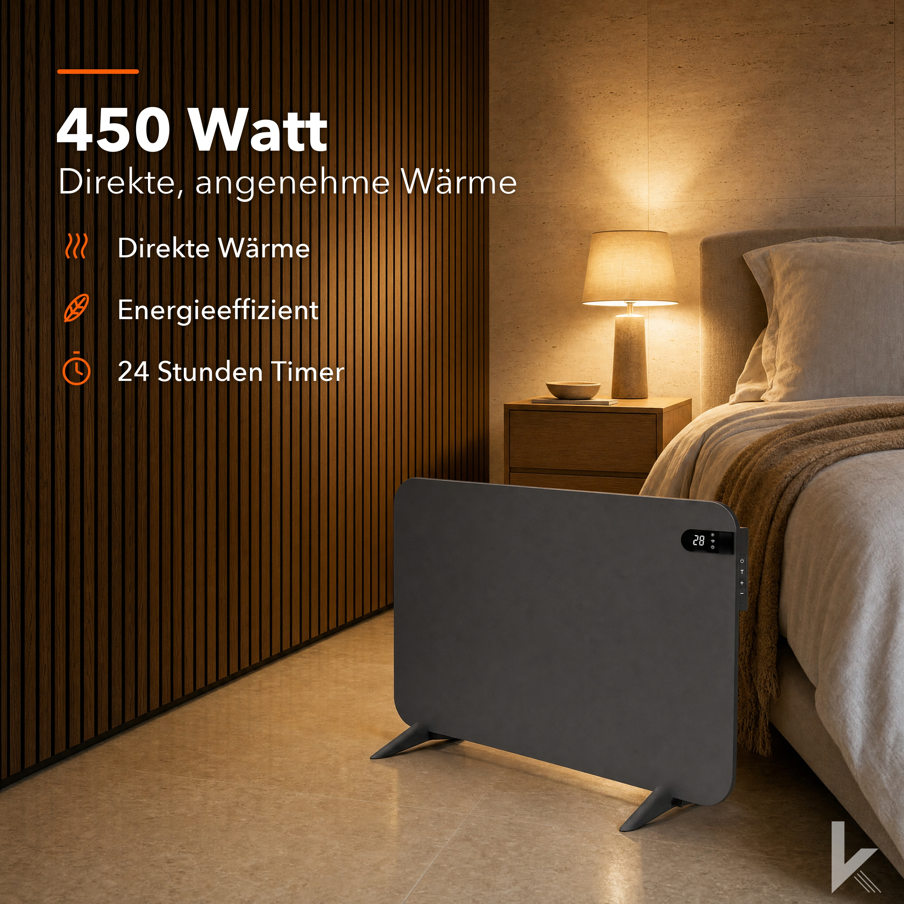 Ein grauer Wandheizkörper steht im Schlafzimmer neben dem Bett. Textoverlays werben für 450 Watt.