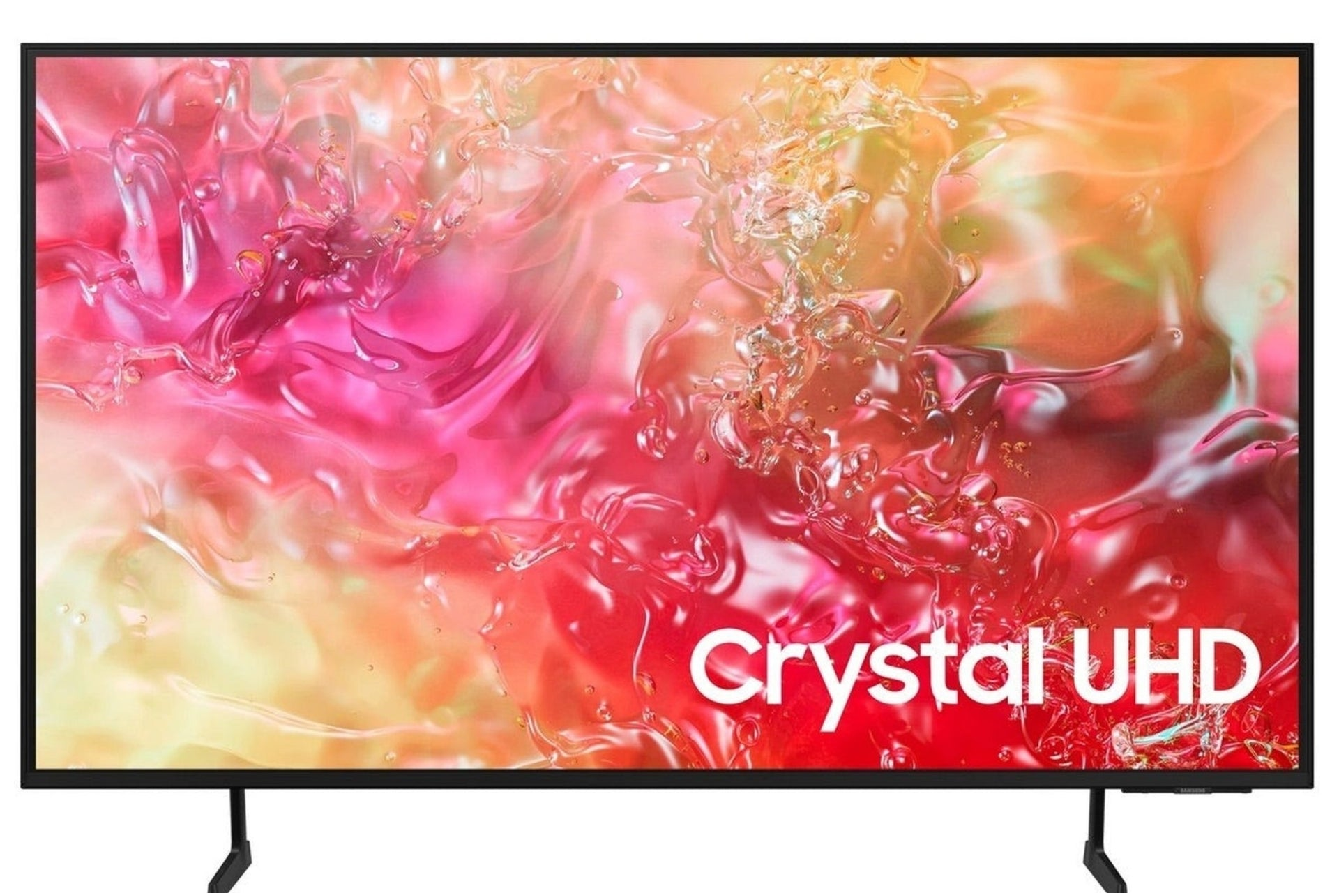 Un téléviseur à écran plat affiche un motif liquide coloré et le texte Crystal UHD.