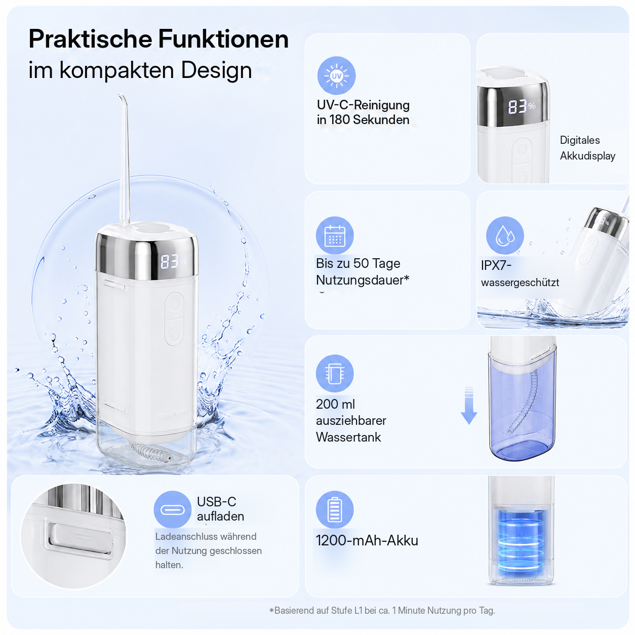 Produktinfografik einer kompakten Munddusche mit praktischen Funktionen, UV-C-Reinigung und USB-C-Anschluss.