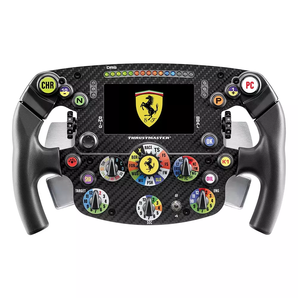 Carbon fiber Ferrari F1 steering wheel with many colored buttons and screen.