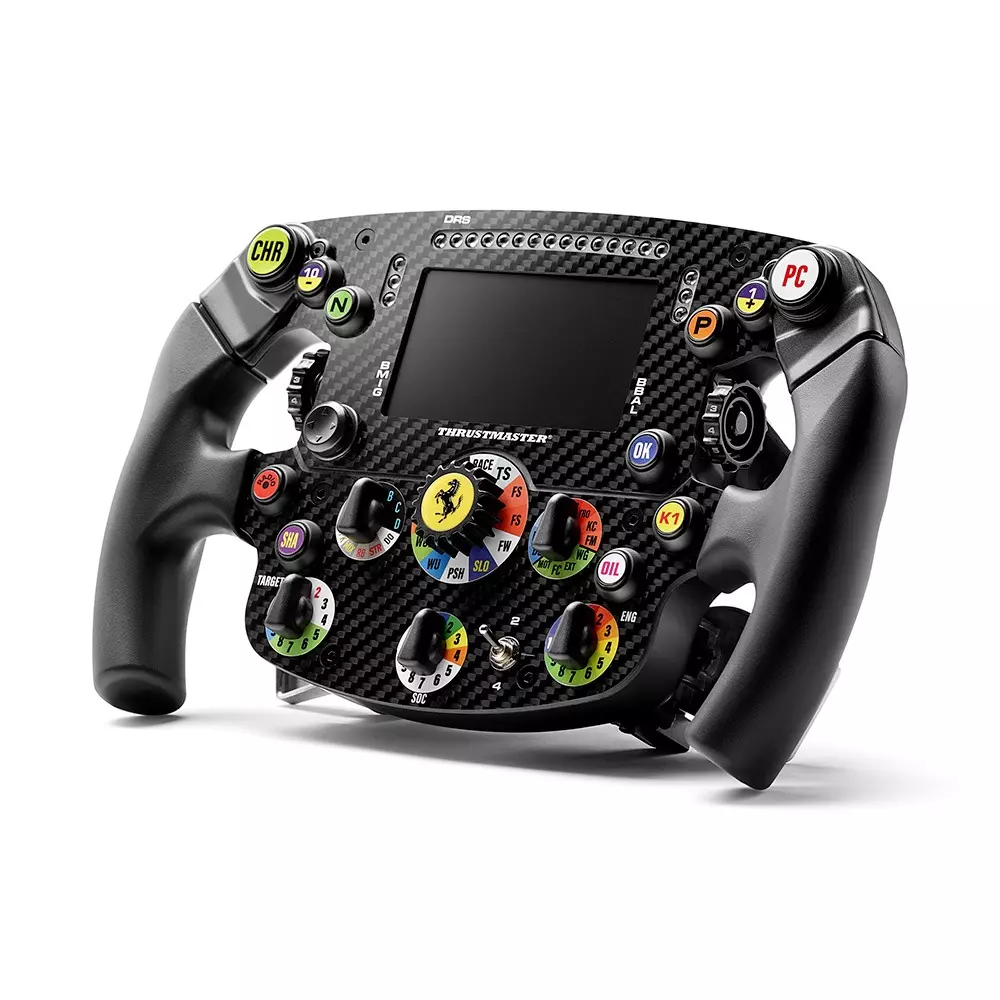 A carbon fiber Thrustmaster racing steering wheel with a central screen, numerous colorful buttons, dials, and a Ferrari logo.