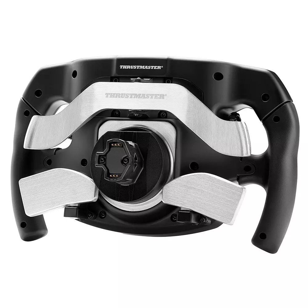 Rear view of a black Thrustmaster racing steering wheel with silver paddles.