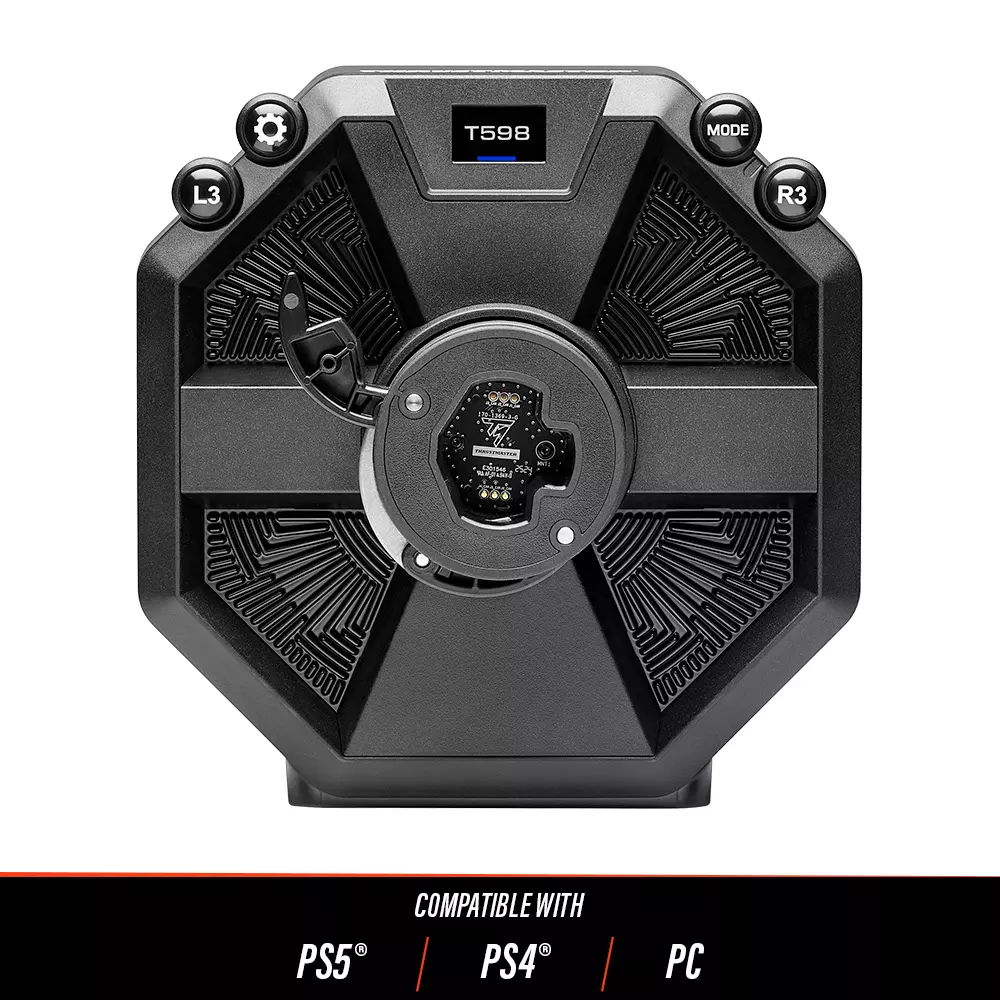 Black T598 racing wheel base with buttons and ribbed details, compatible with PS5, PS4, and PC.