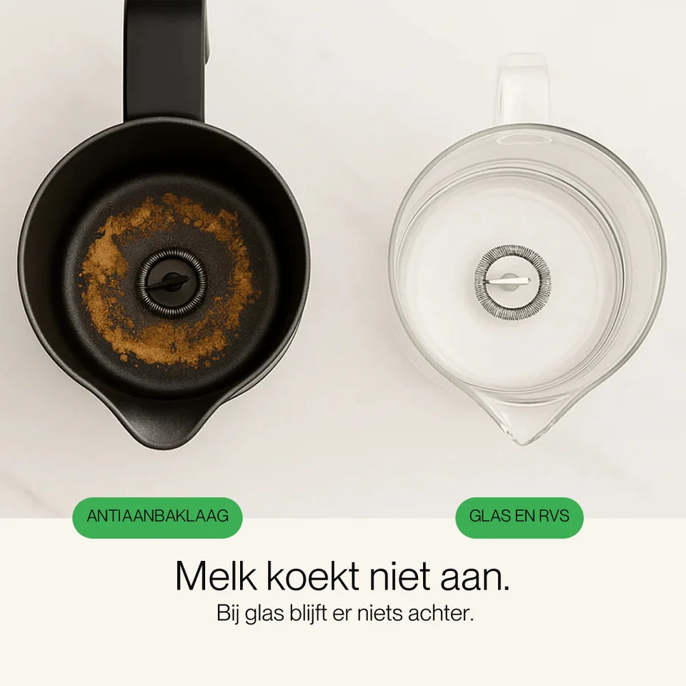 Comparison of milk frothers: black container with burnt milk versus clean glass container.