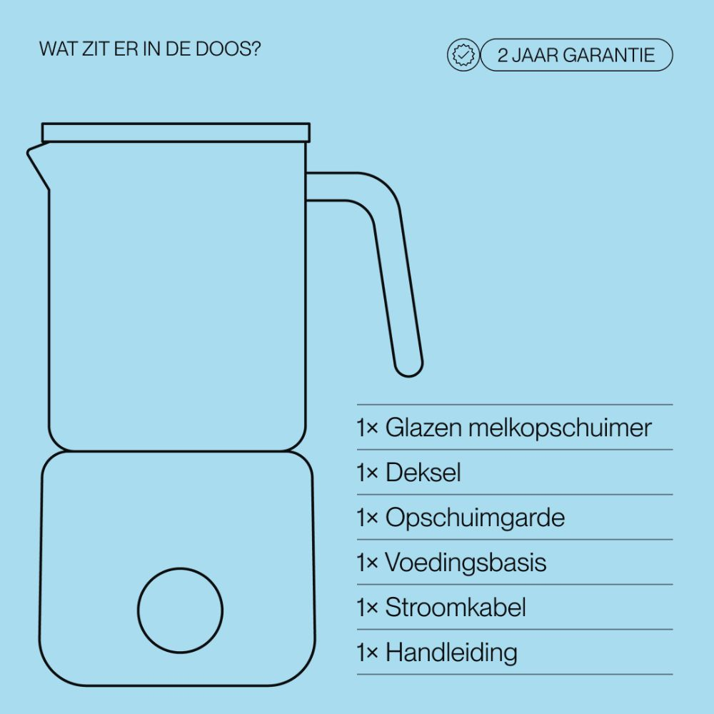 Diagram showing the contents of a milk frother box on a blue background.