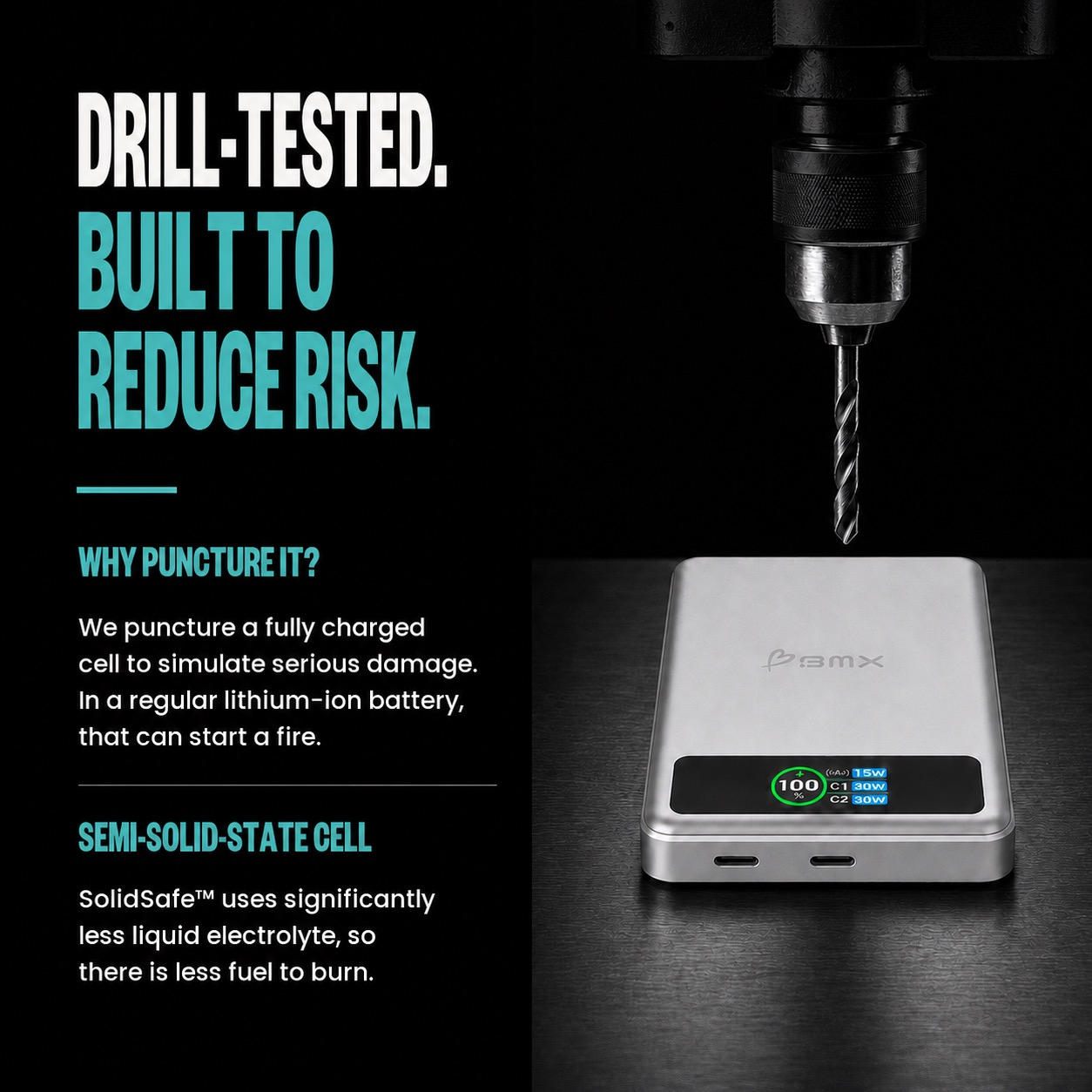 Ein Bohrer über einer silbernen Powerbank mit digitaler Anzeige auf schwarzem Hintergrund mit Text.