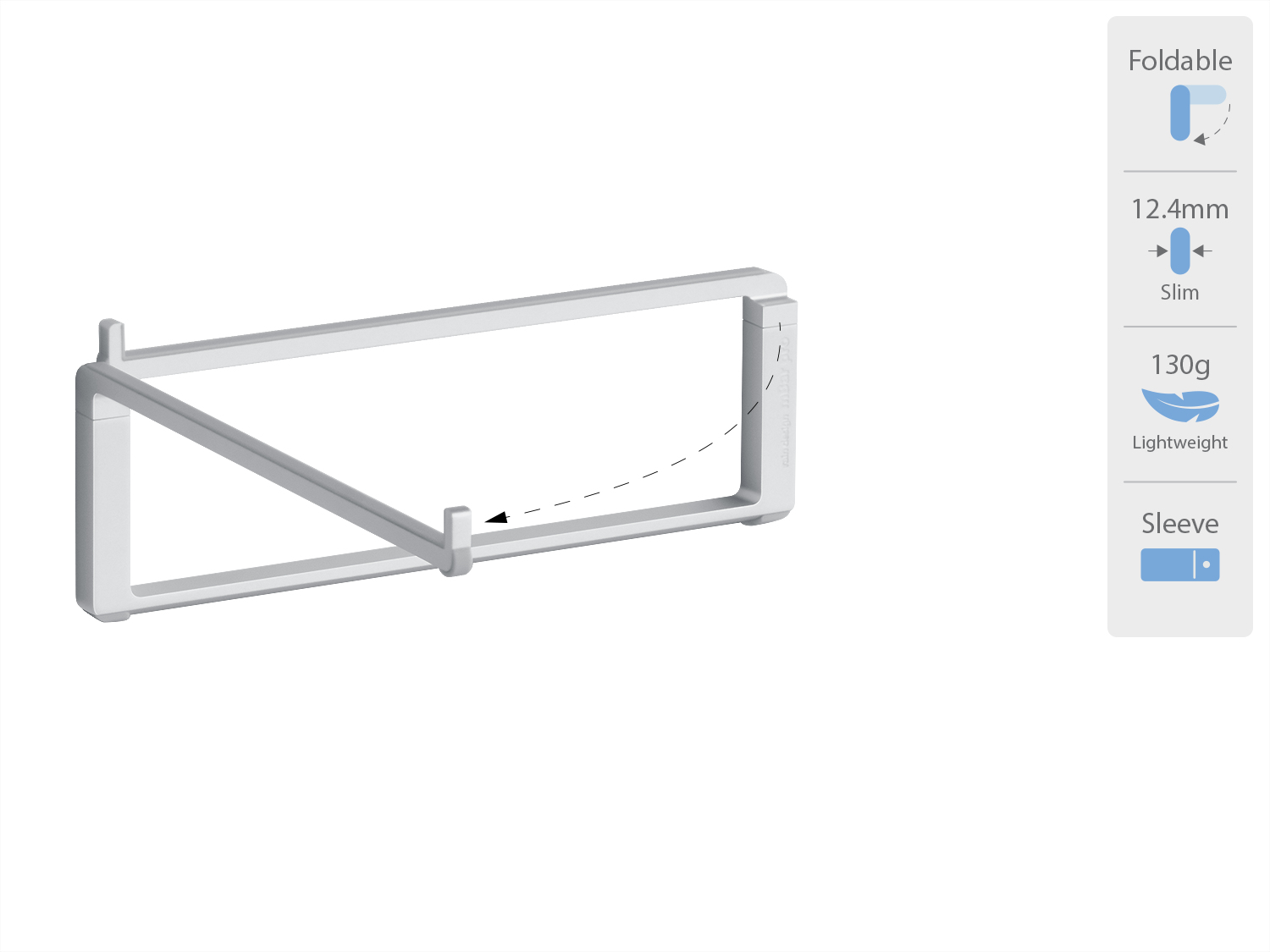 Ein weißer, faltbarer Laptopständer mit 12.4mm Profil und 130g Gewicht, rechts mit Funktionssymbolen.