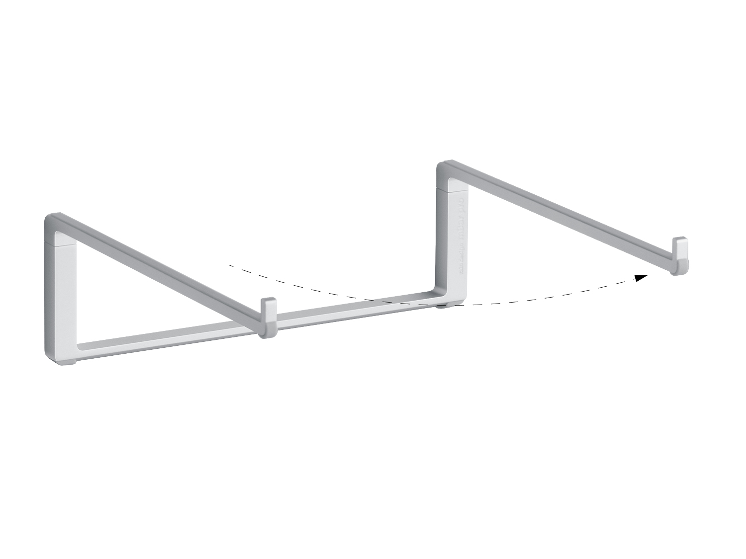 Grauer, minimalistischer Laptopständer mit zwei parallelen Armen auf weißem Hintergrund.