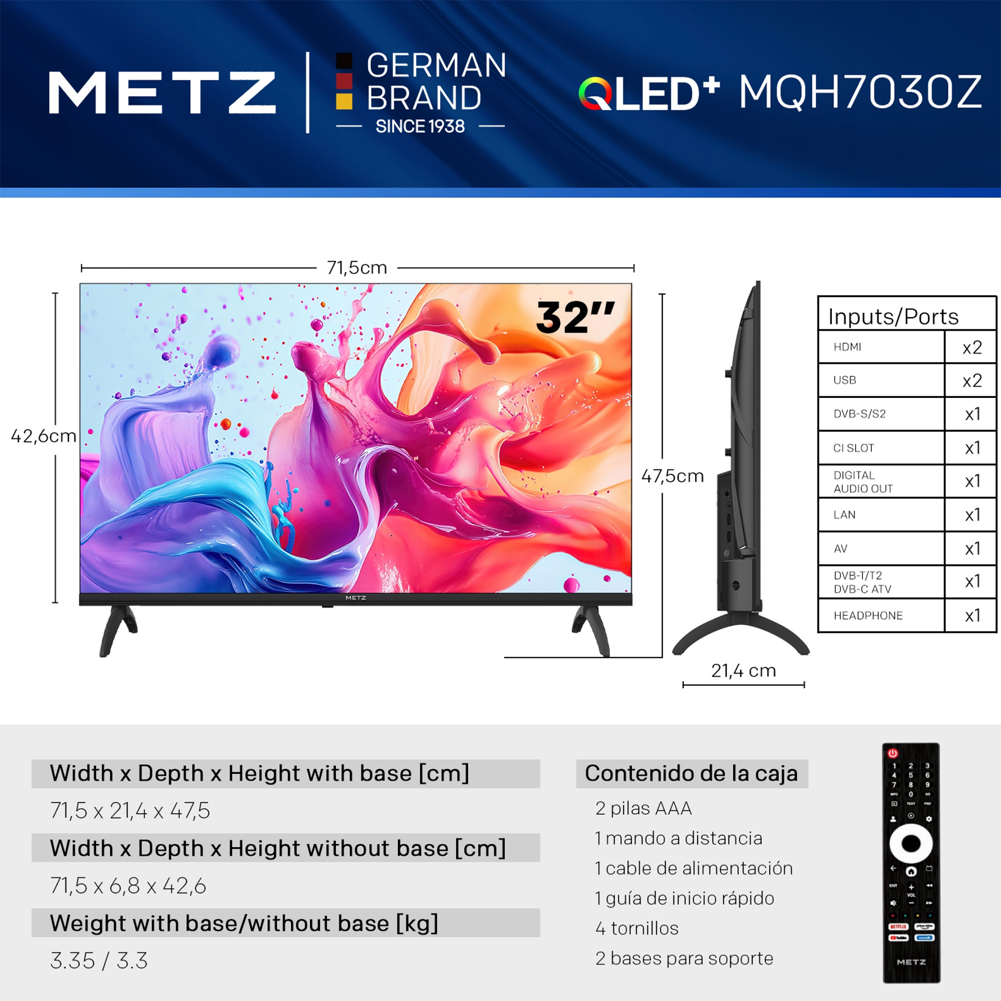 Specyfikacja i wymiary 32-calowego telewizora QLED Metz z portami i zawartością pudełka.