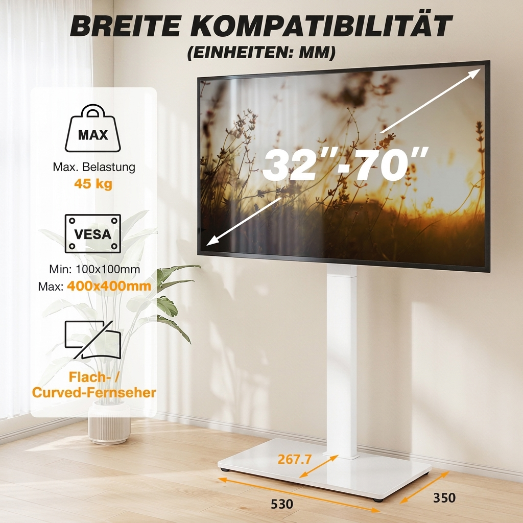Grafik zeigt TV-Standfuß für 32-70 Zoll Bildschirme, max. 45 kg, mit Maßen und VESA-Angaben.