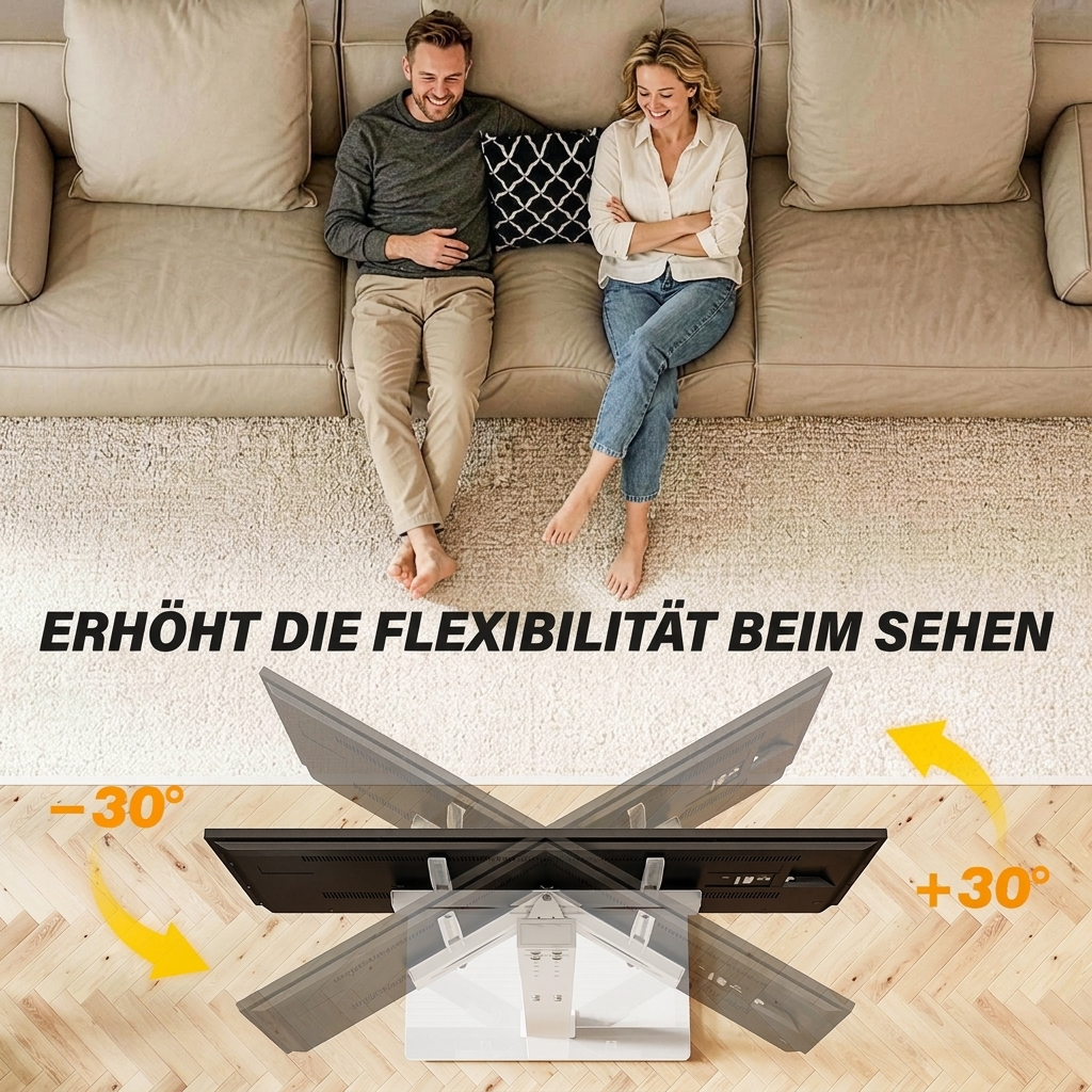 Ein Paar sitzt auf einem Sofa über einem verstellbaren Fernseher mit Text.