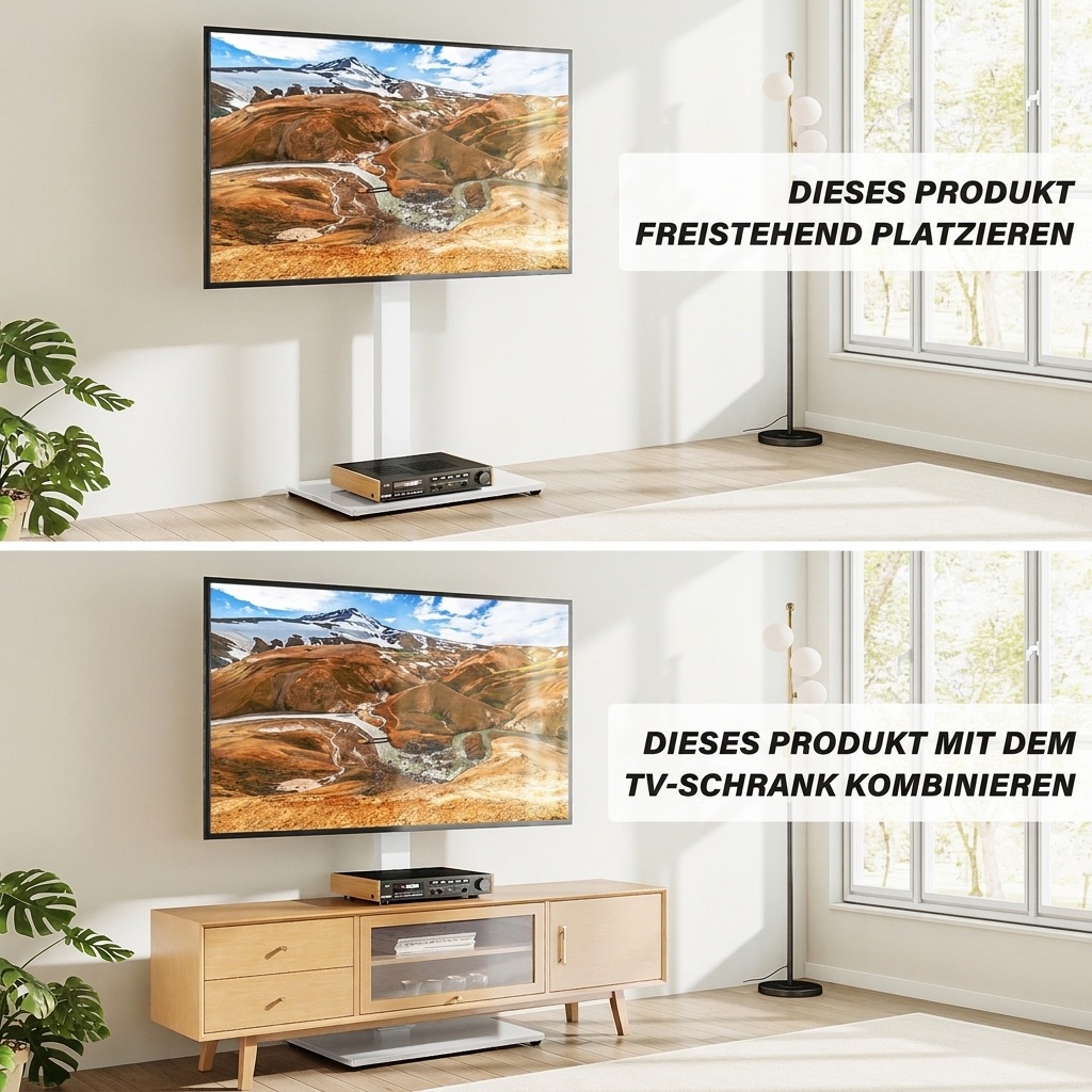 Zwei Bilder von einem TV-Ständer: freistehend und mit TV-Schrank kombiniert.