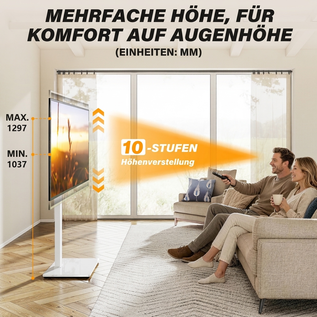 Wohnzimmer mit TV auf höhenverstellbarem Ständer und einem Paar auf dem Sofa.