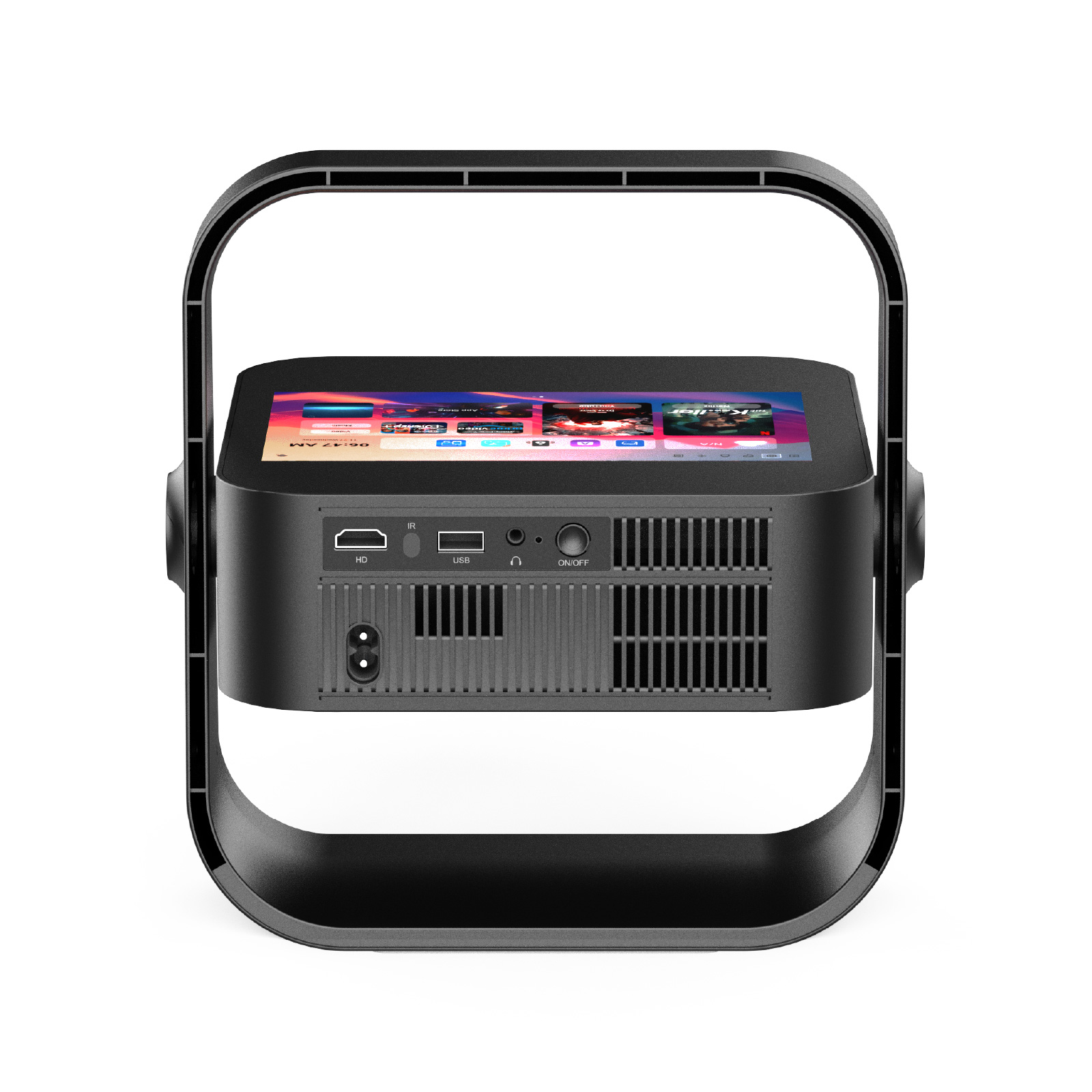 Un proyector negro con asa y puertos HDMI, USB y conector de audio en la parte trasera sobre fondo blanco.