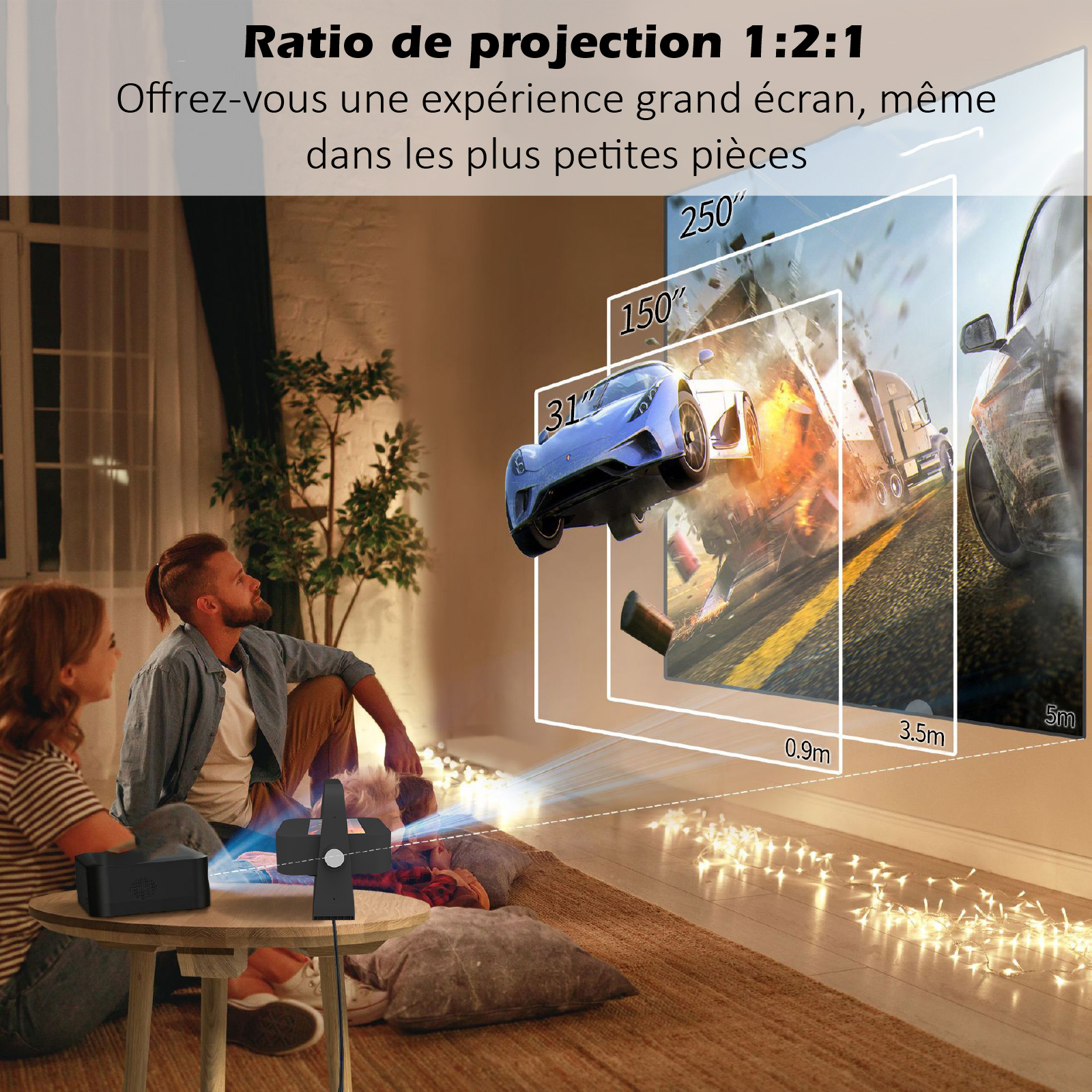 Una pareja se sienta en una habitación mientras un proyector muestra una gran escena de acción.