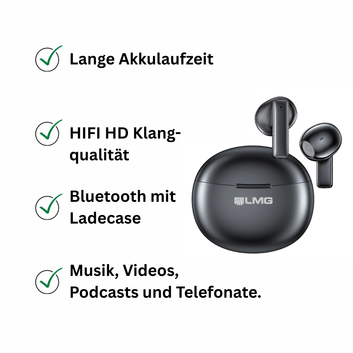 Schwarze kabellose Ohrhörer mit Ladecase und vier Funktionslisten mit grünen Häkchen.