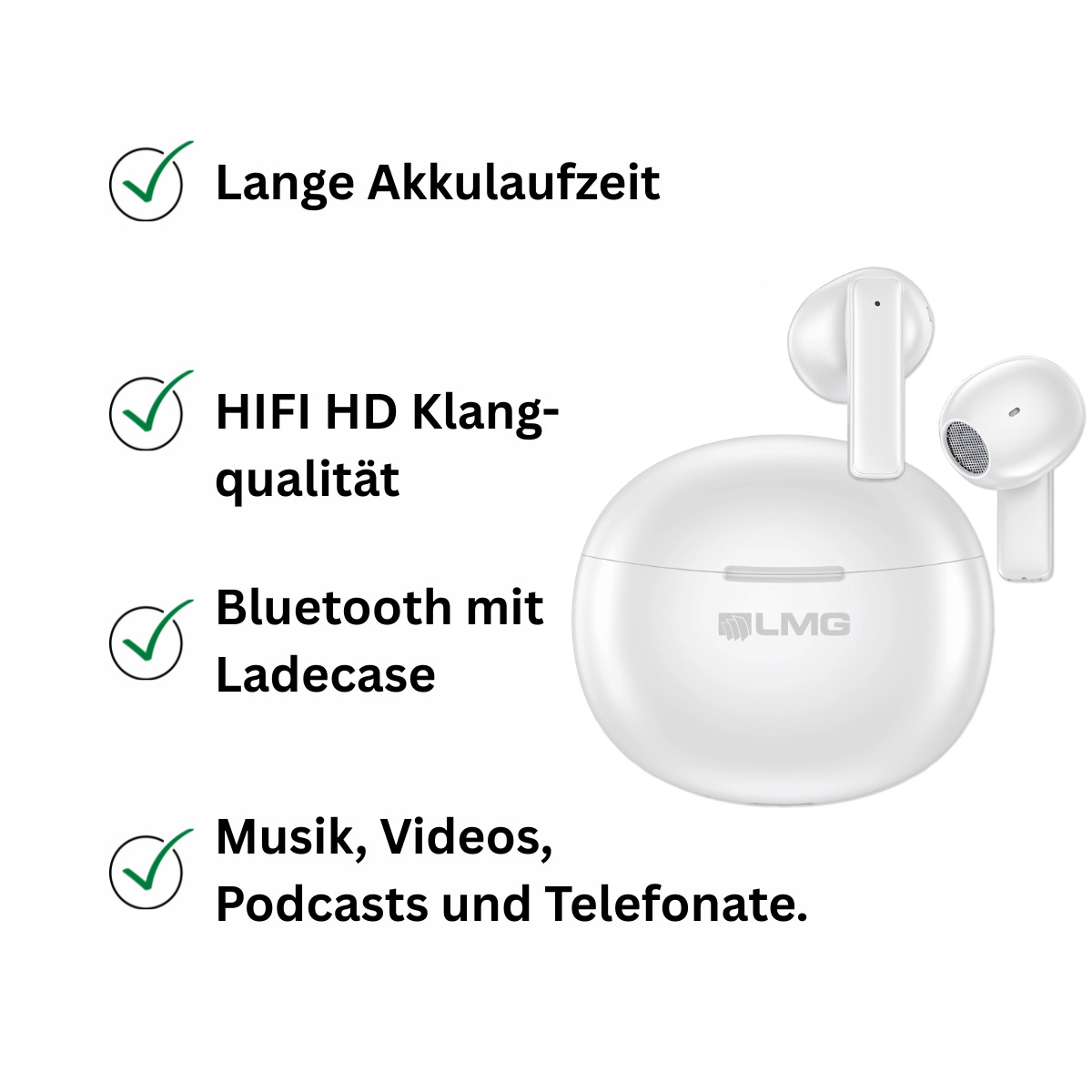 Weiße kabellose Ohrhörer mit Ladecase und vier Funktions-Häkchen auf weißem Hintergrund.