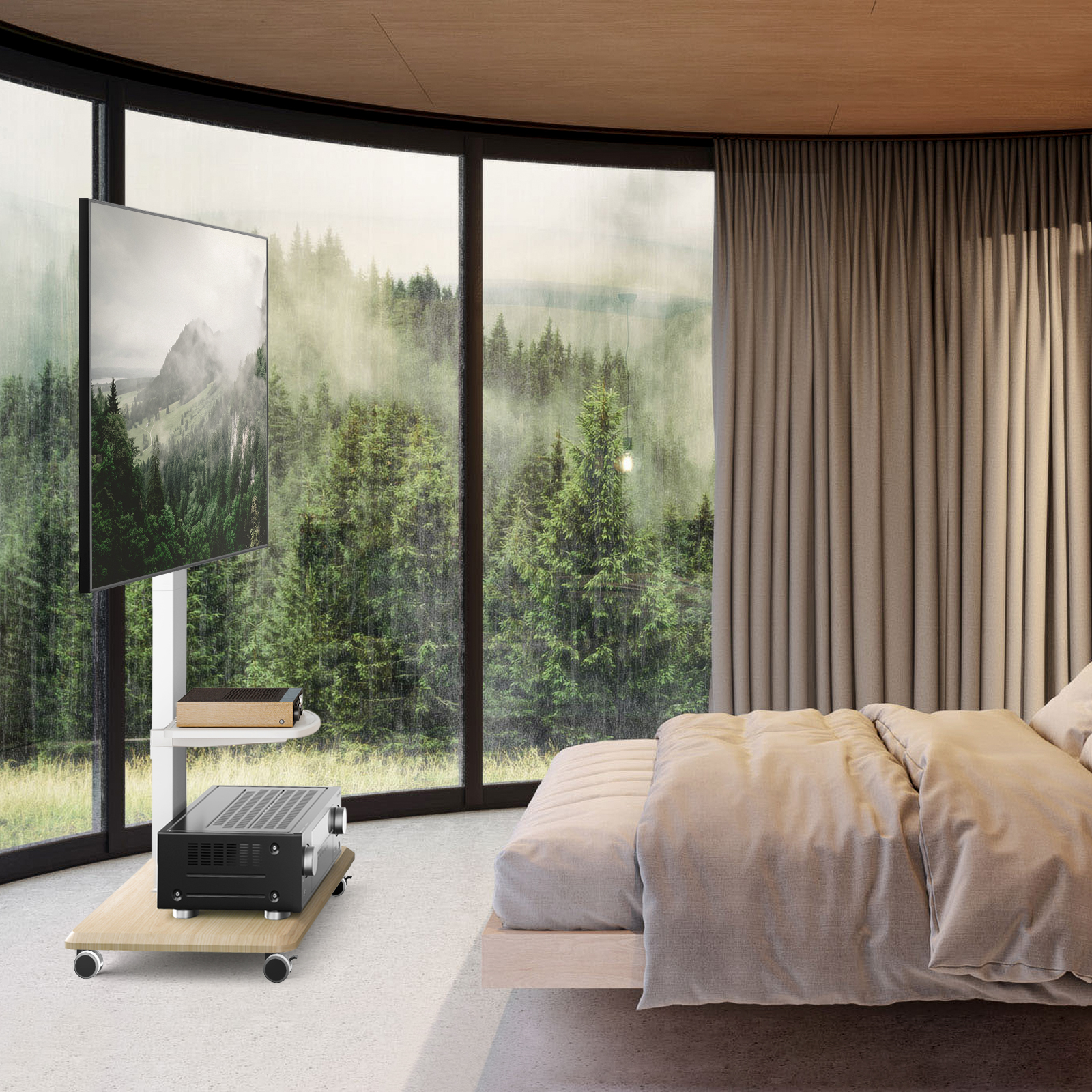 Schlafzimmer mit großem Fenster, Blick auf den Wald, montiertem TV und Bett.