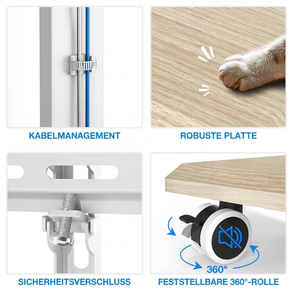 Vier Bilder zeigen Kabelmanagement, eine kratzfeste Holzplatte, eine Schraubsicherung und eine leise 360-Grad-Rolle.