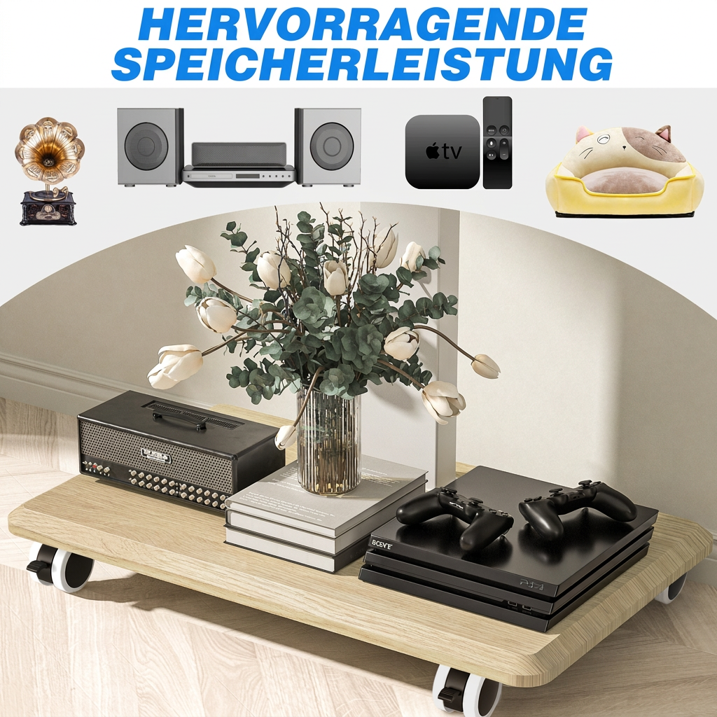 Ein Holzrollwagen mit einer Blumenvase, einem Lautsprecher und einer Spielkonsole sowie verschiedenen kleinen Gegenständen.