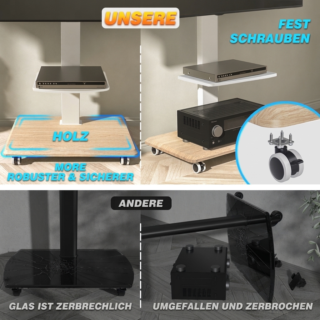 Vergleich von TV-Ständern: stabiler Holzsockel im Vergleich zu zerbrechlichem Glassockel.
