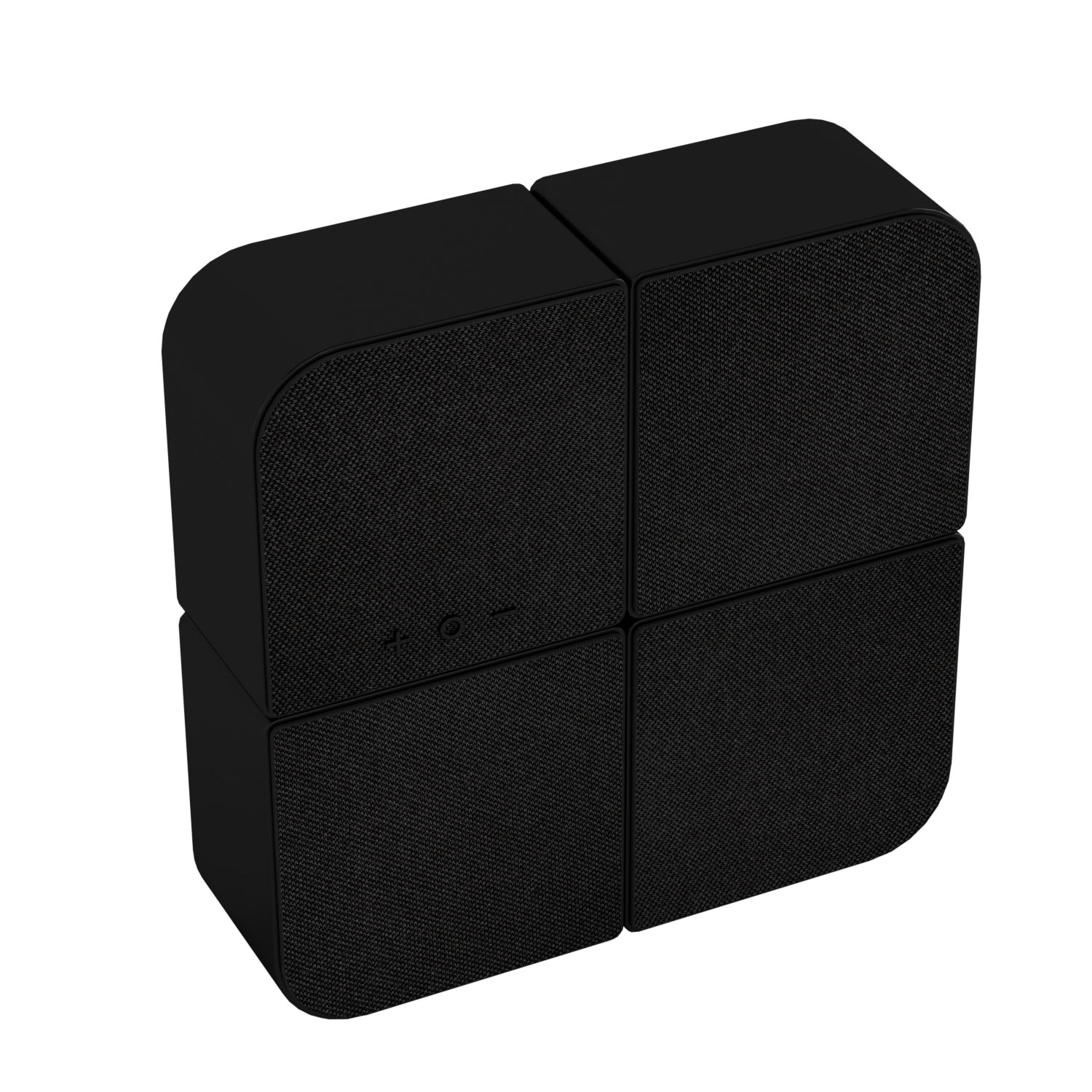 Cuatro altavoces negros en forma de cubo están dispuestos juntos formando una unidad más grande sobre fondo blanco.