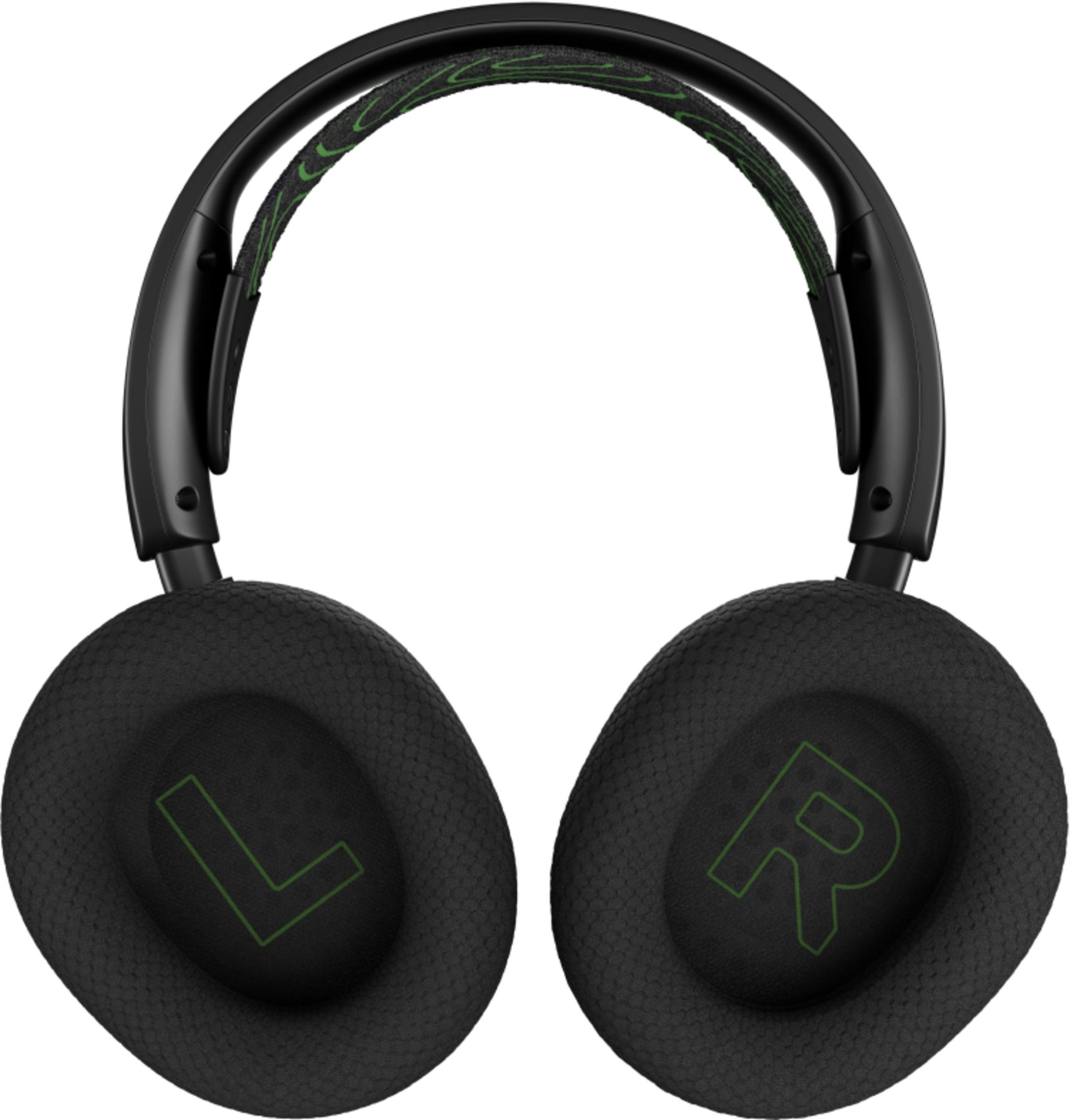 Auriculares negros con las letras L y R verdes en las almohadillas.