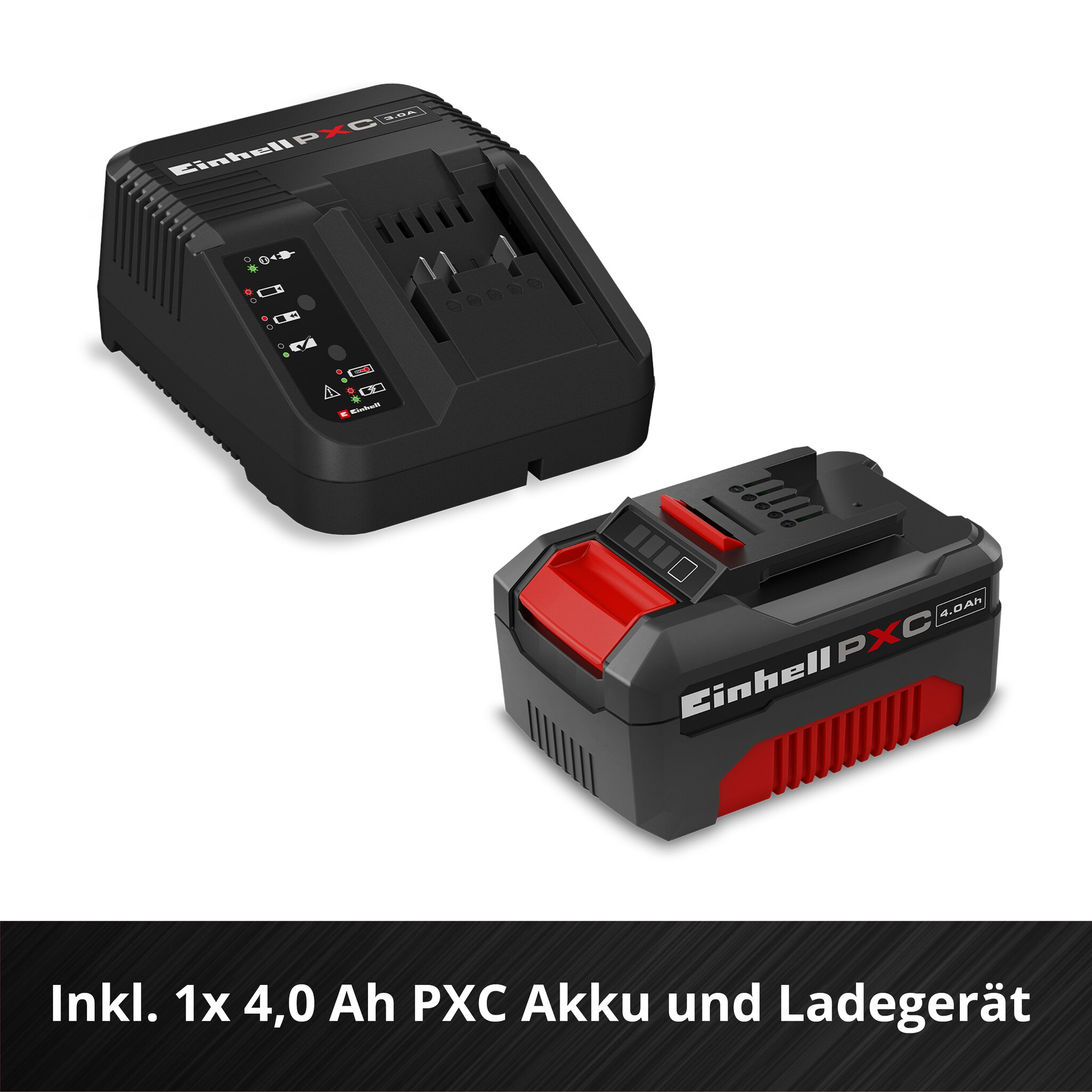 Einhell PXC 4,0 Ah Akku und Ladegerät Set auf weißem Hintergrund.