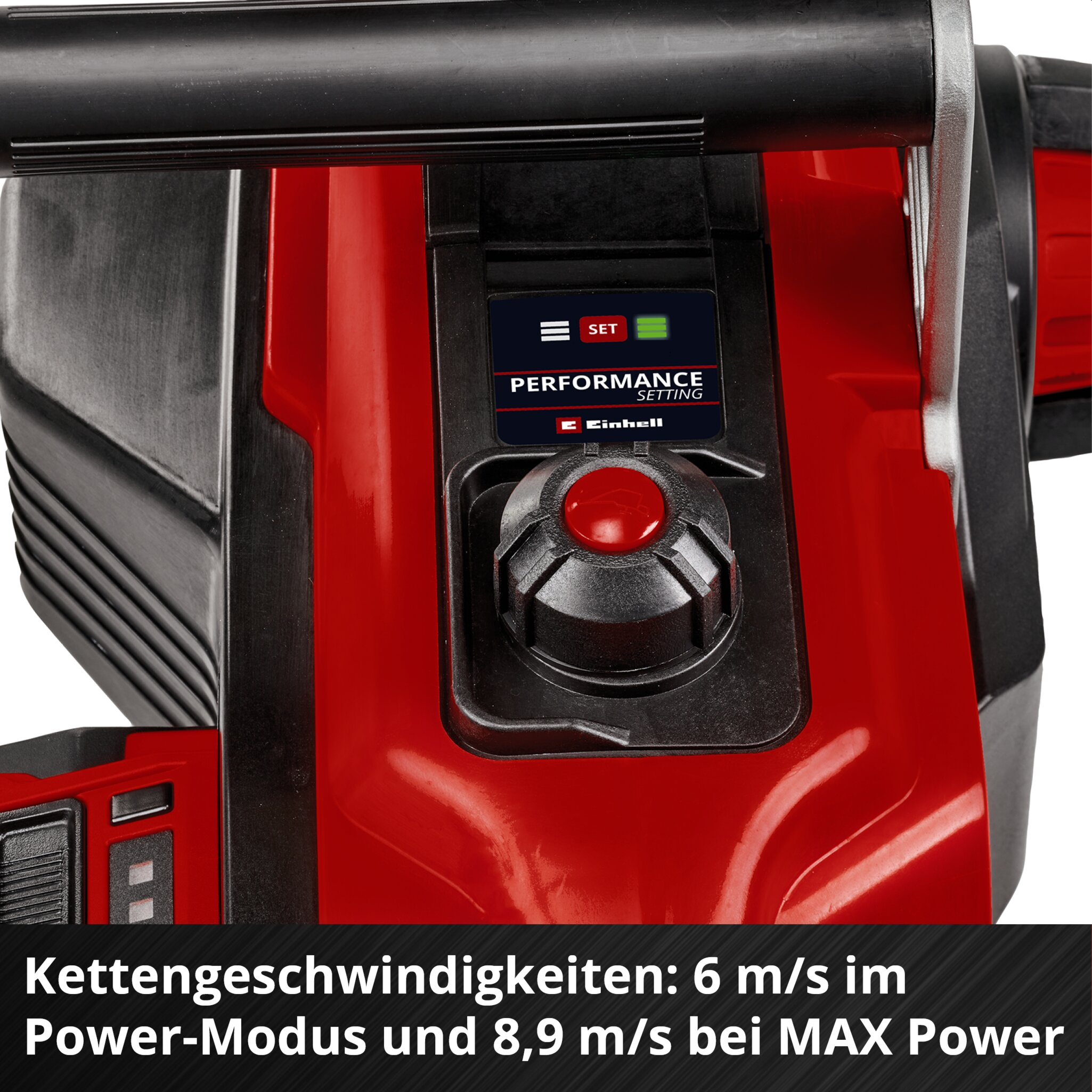 Nahaufnahme eines rot-schwarzen Einhell-Werkzeugs mit Leistungseinstellungsdisplay und Drehknopf.